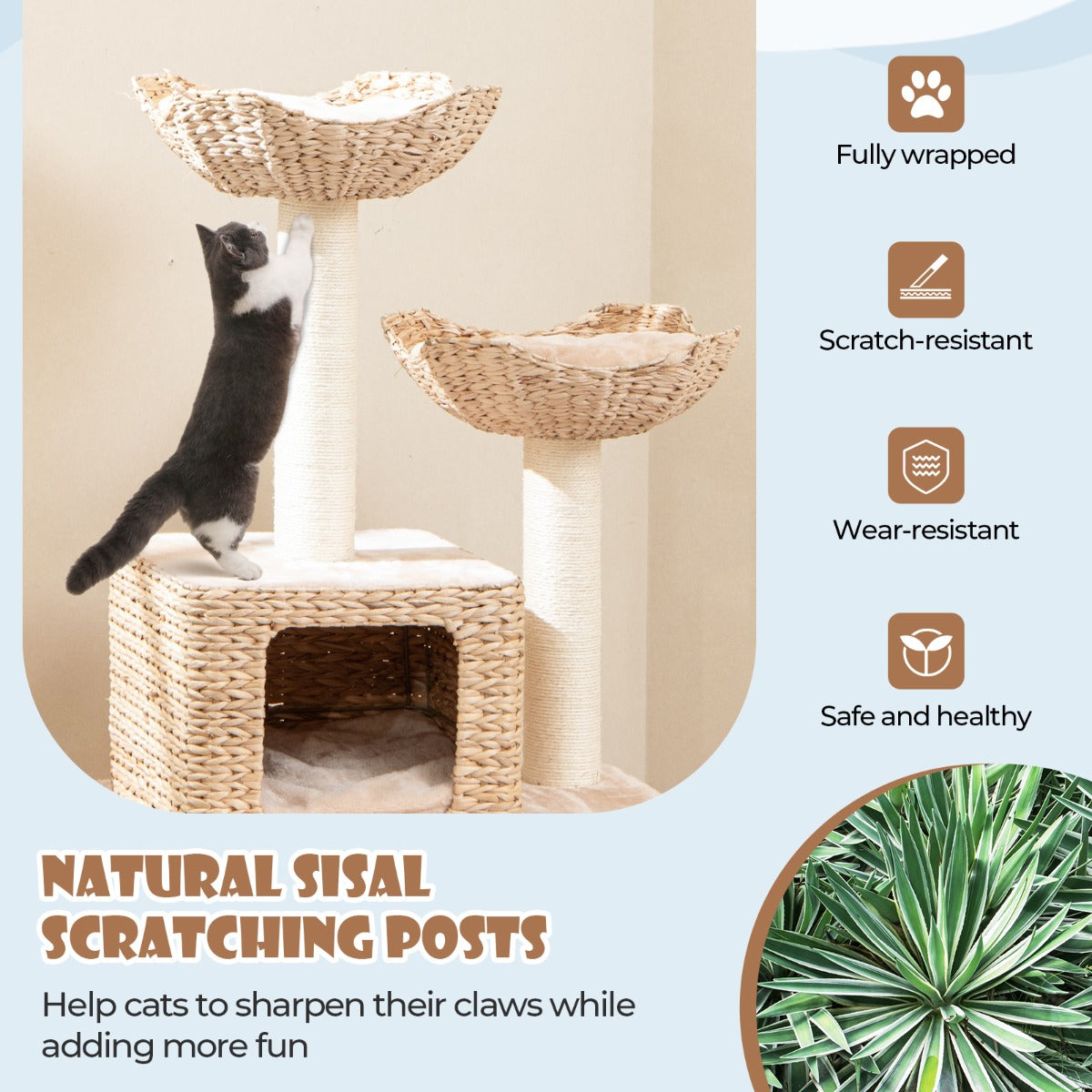 LIVSK Houten Krabpaal met 4 Niveaus - Natuurlijke Sisal Krabpalen - Zitstok en Privé Condo - Comfortabele Kussens - Beige +