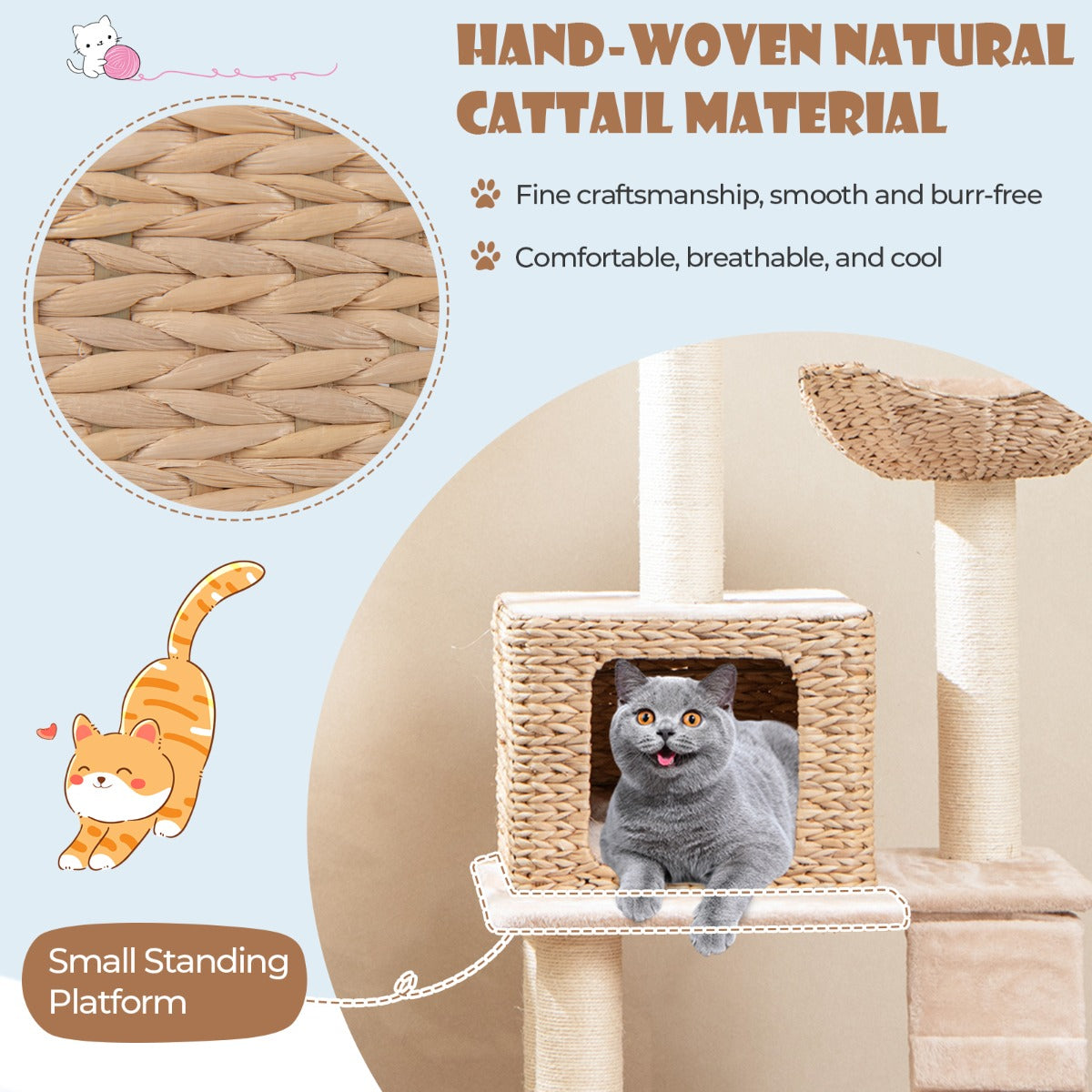 LIVSK Houten Krabpaal met 4 Niveaus - Natuurlijke Sisal Krabpalen - Zitstok en Privé Condo - Comfortabele Kussens - Beige +