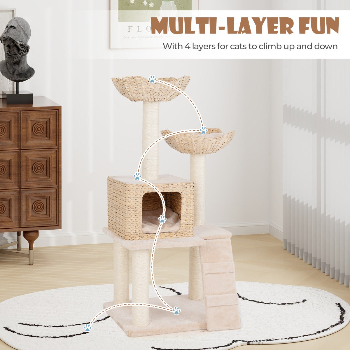 LIVSK Houten Krabpaal met 4 Niveaus - Natuurlijke Sisal Krabpalen - Zitstok en Privé Condo - Comfortabele Kussens - Beige +
