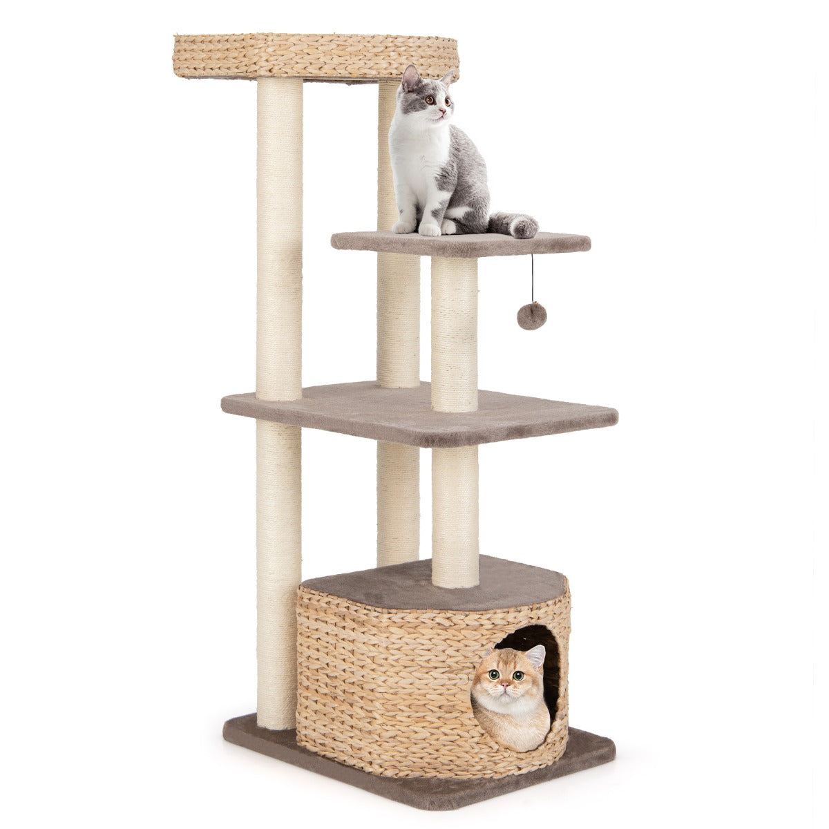 LIVSK Houten Kattenboom 131 cm - 4 Niveaus met Luxe Kussens - Natuurlijke Sisal Krabpalen - Interactieve Hangende Bal - Koffie +