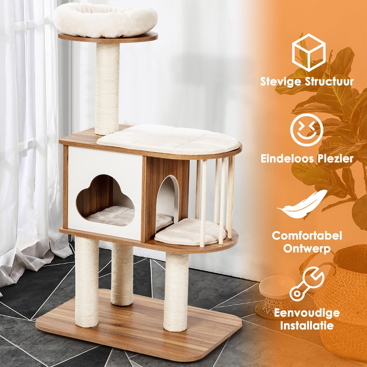 LIVSK Kattenboom - Houten Krabpaal met 3 Platformen - Duurzaam Sisaltouw - Eenvoudige Montage - 68 x 48 x 117 cm - Grijs