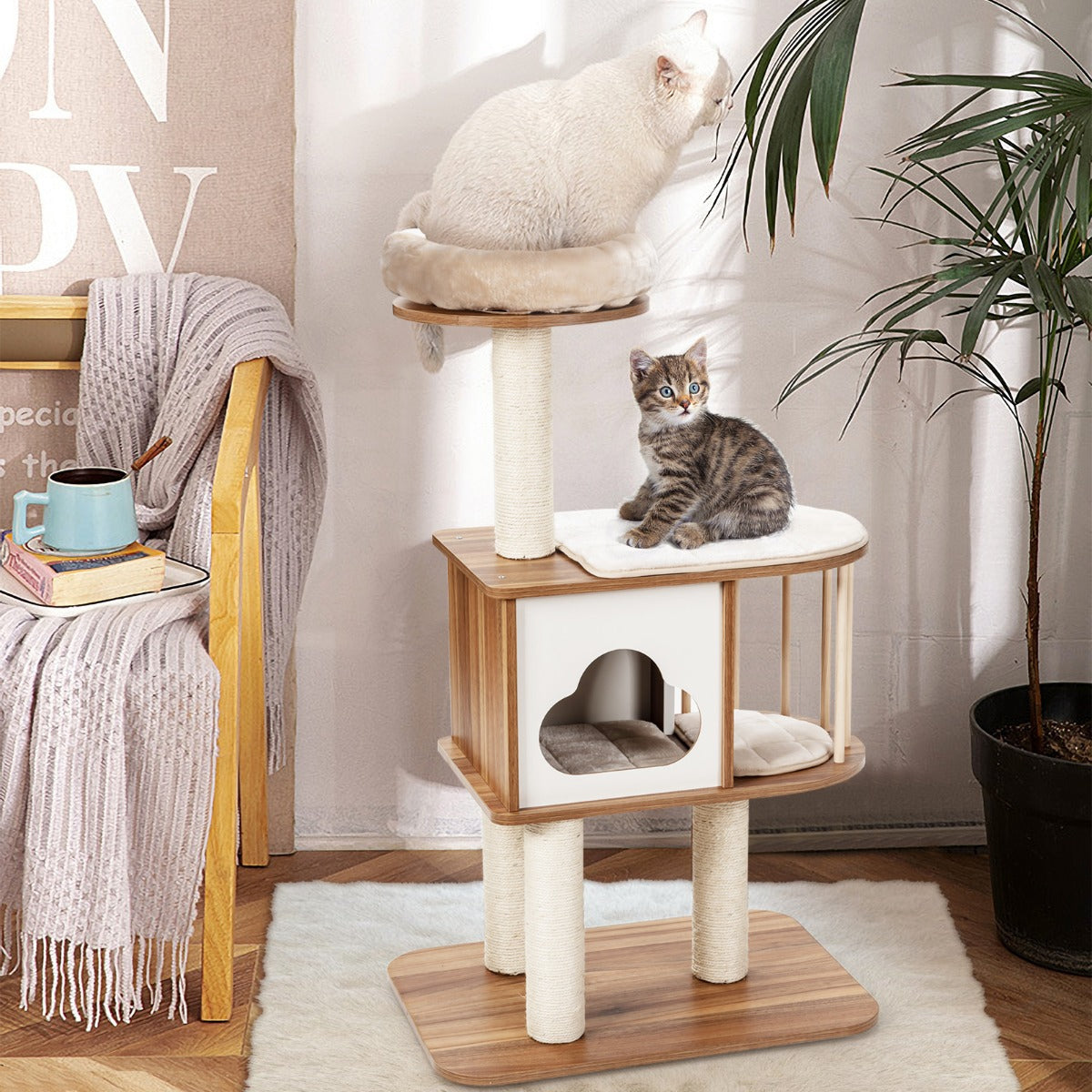 LIVSK Kattenboom - Houten Krabpaal met 3 Platformen - Duurzaam Sisaltouw - Eenvoudige Montage - 68 x 48 x 117 cm - Grijs