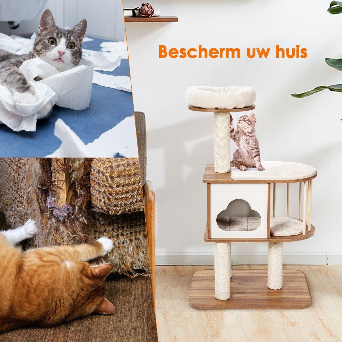 LIVSK Kattenboom - Houten Krabpaal met 3 Platformen - Duurzaam Sisaltouw - Eenvoudige Montage - 68 x 48 x 117 cm - Grijs