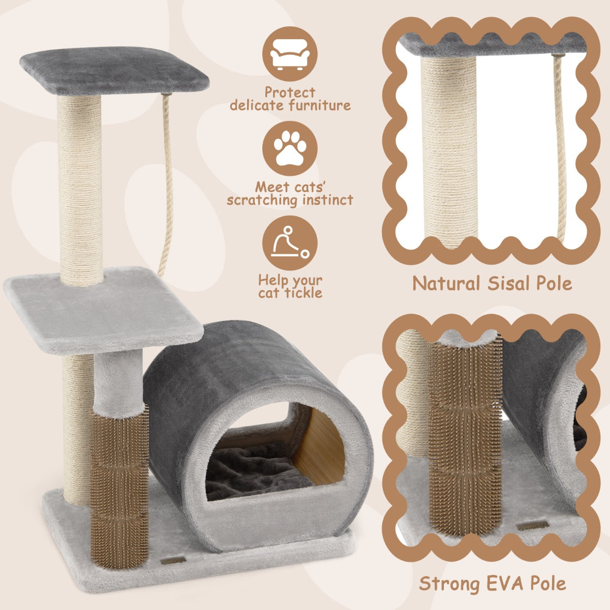LIVSK Krabpaal voor Katten - Met Zitstok, Springplatform en Hangende Bal - Massief Hout - Tot 20 kg - Grijs