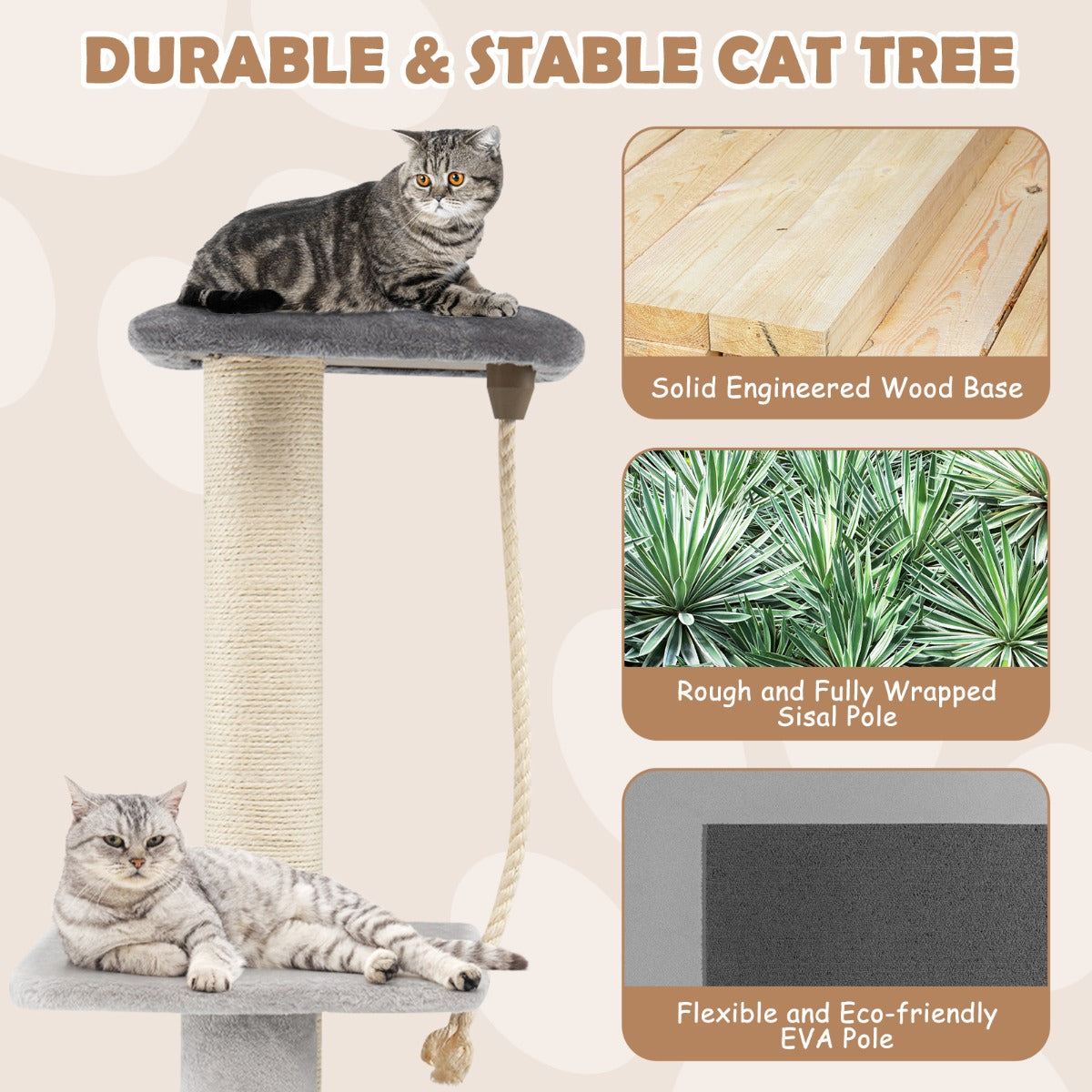 LIVSK Krabpaal voor Katten - Met Zitstok, Springplatform en Hangende Bal - Massief Hout - Tot 20 kg - Grijs