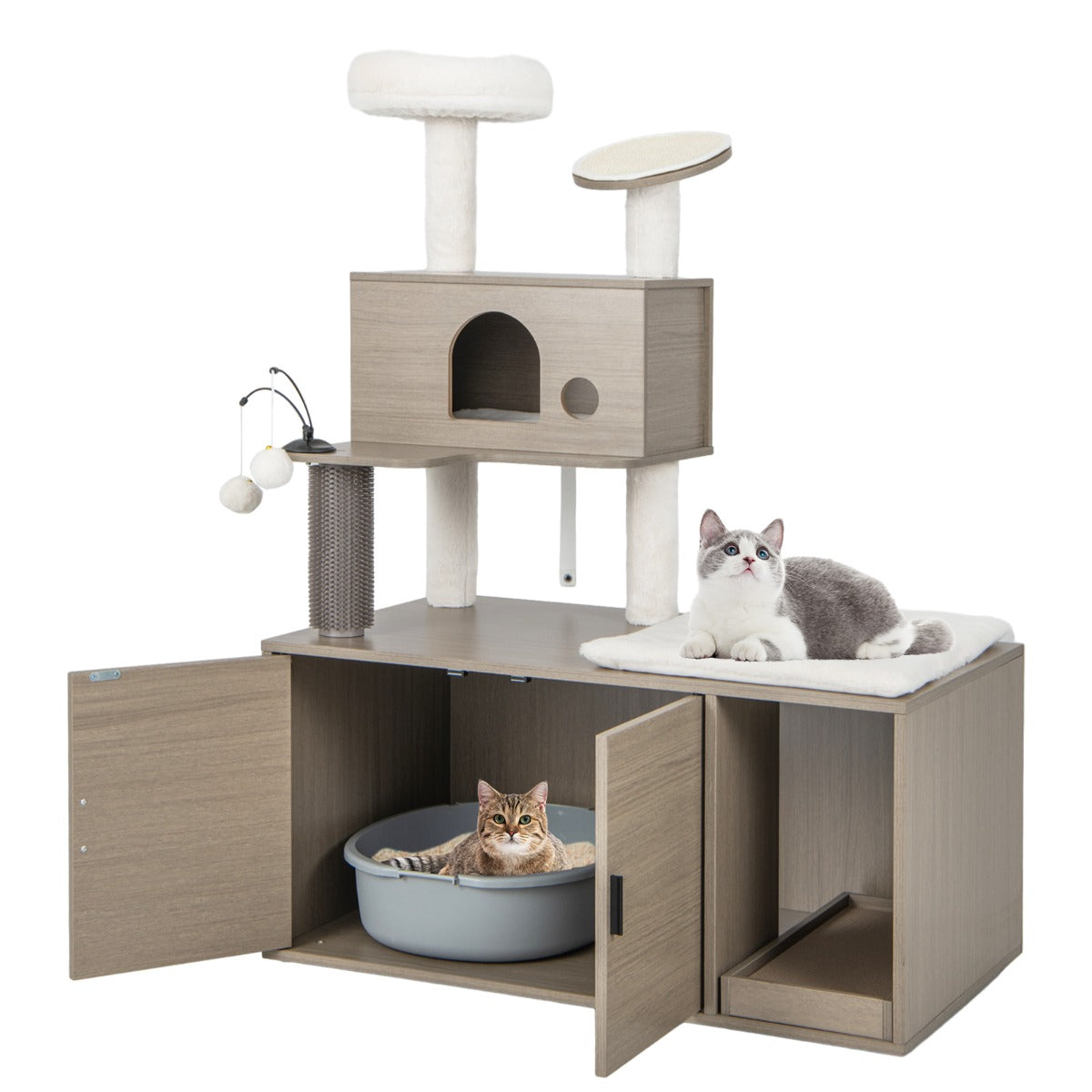 LIVSK Krabpaal en Kattenboom met Verborgen Kattenbak - 2-in-1 Ontwerp - Meerdere Niveaus - Stabiel met Verstelbare Voeten - Grijs