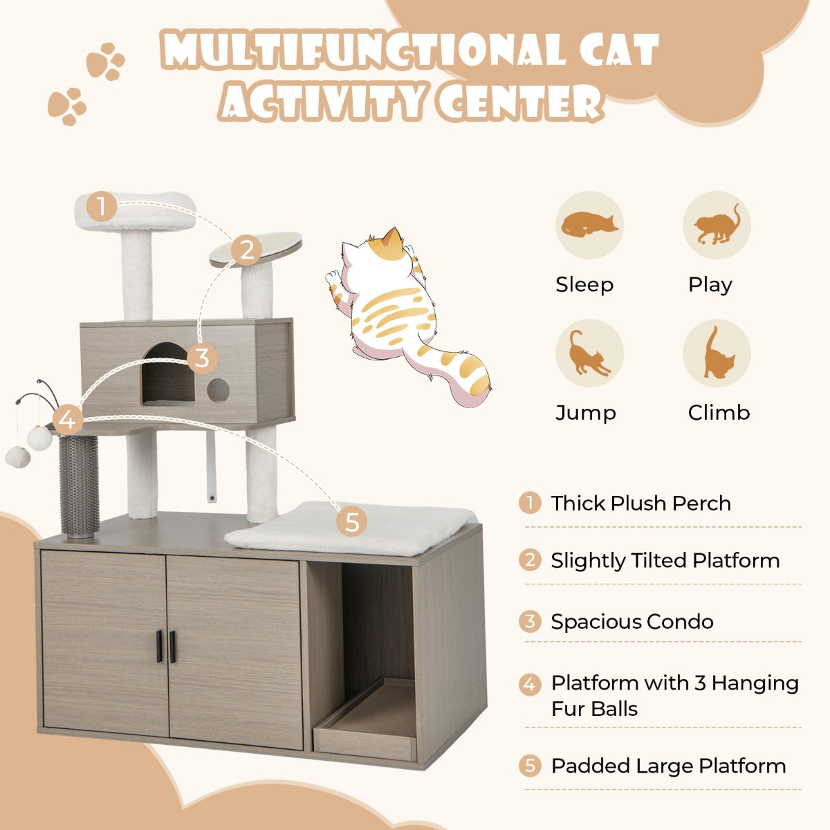 LIVSK Krabpaal en Kattenboom met Verborgen Kattenbak - 2-in-1 Ontwerp - Meerdere Niveaus - Stabiel met Verstelbare Voeten - Grijs