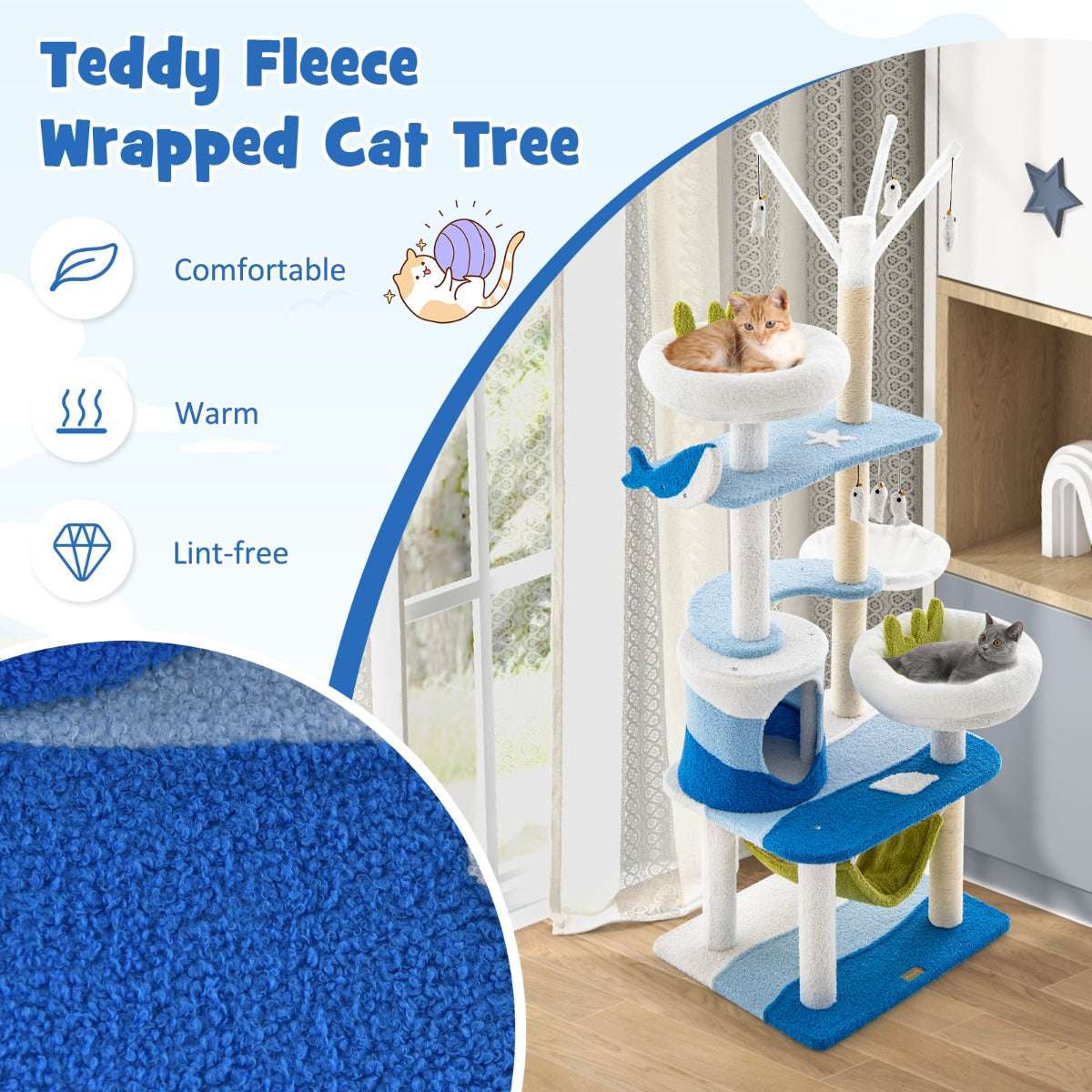 LIVSK Kattentoren met Oceaanthema - 2 Platforms - Mandbed - Hangmat - Krabpalen - Stabiel en Ruimtebesparend - Blauw