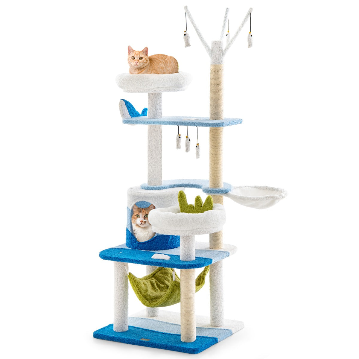 LIVSK Kattentoren met Oceaanthema - 2 Platforms - Mandbed - Hangmat - Krabpalen - Stabiel en Ruimtebesparend - Blauw
