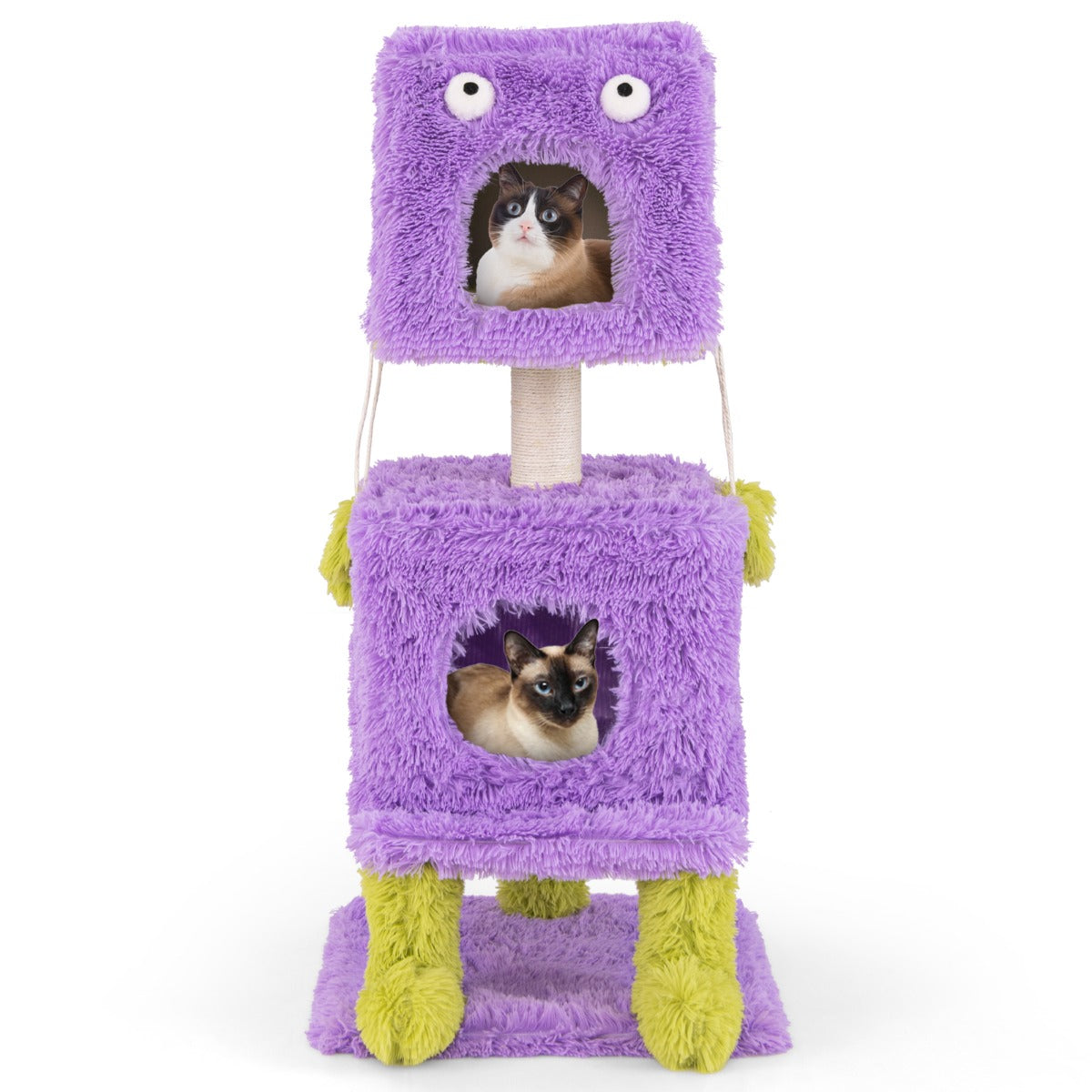 LIVSK Kattentoren met Monsterthema - 2 Appartementen - Sisal Krabpaal - Pluche Speelgoed - 48 x 48 x 111 cm - Paars + Groen