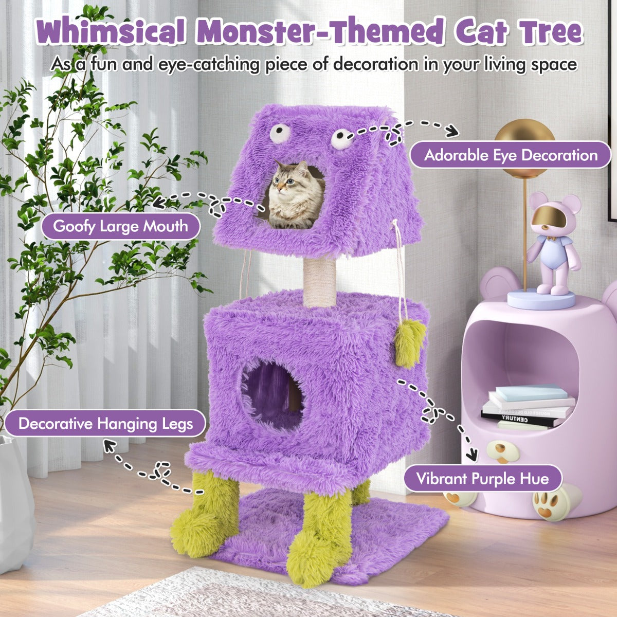 LIVSK Kattentoren met Monsterthema - 2 Appartementen - Sisal Krabpaal - Pluche Speelgoed - 48 x 48 x 111 cm - Paars + Groen
