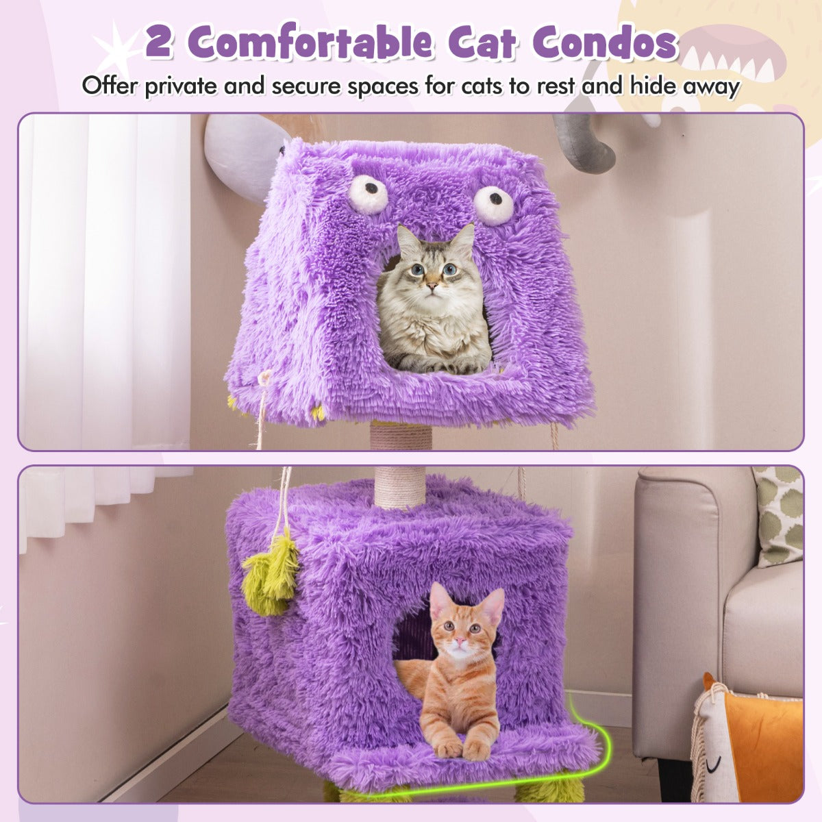 LIVSK Kattentoren met Monsterthema - 2 Appartementen - Sisal Krabpaal - Pluche Speelgoed - 48 x 48 x 111 cm - Paars + Groen