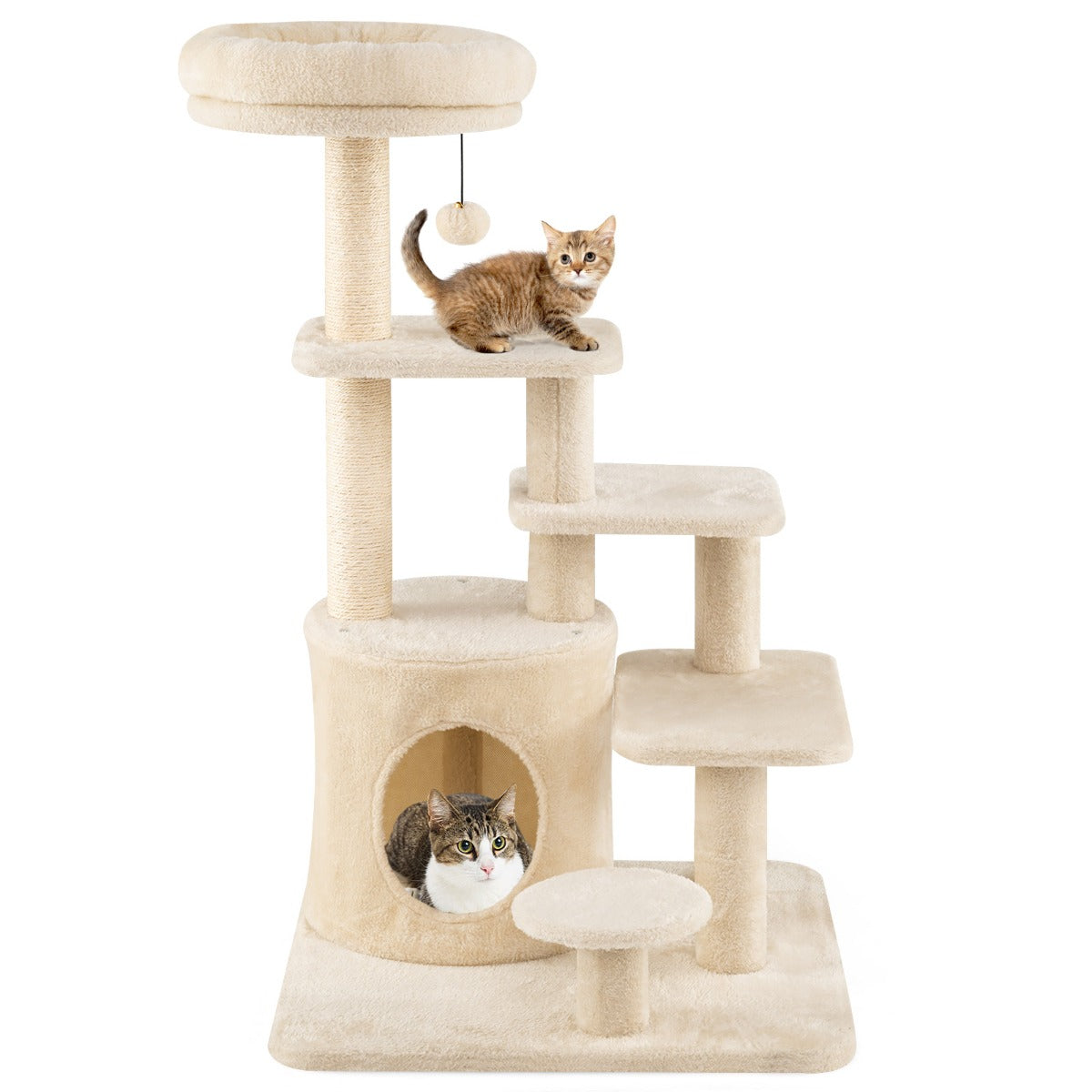 LIVSK Kattenboom met Meerdere Niveaus - Gevoerde Zitstok - Sisal Krabpalen - Speelse Pompon - Beige/Grijs
