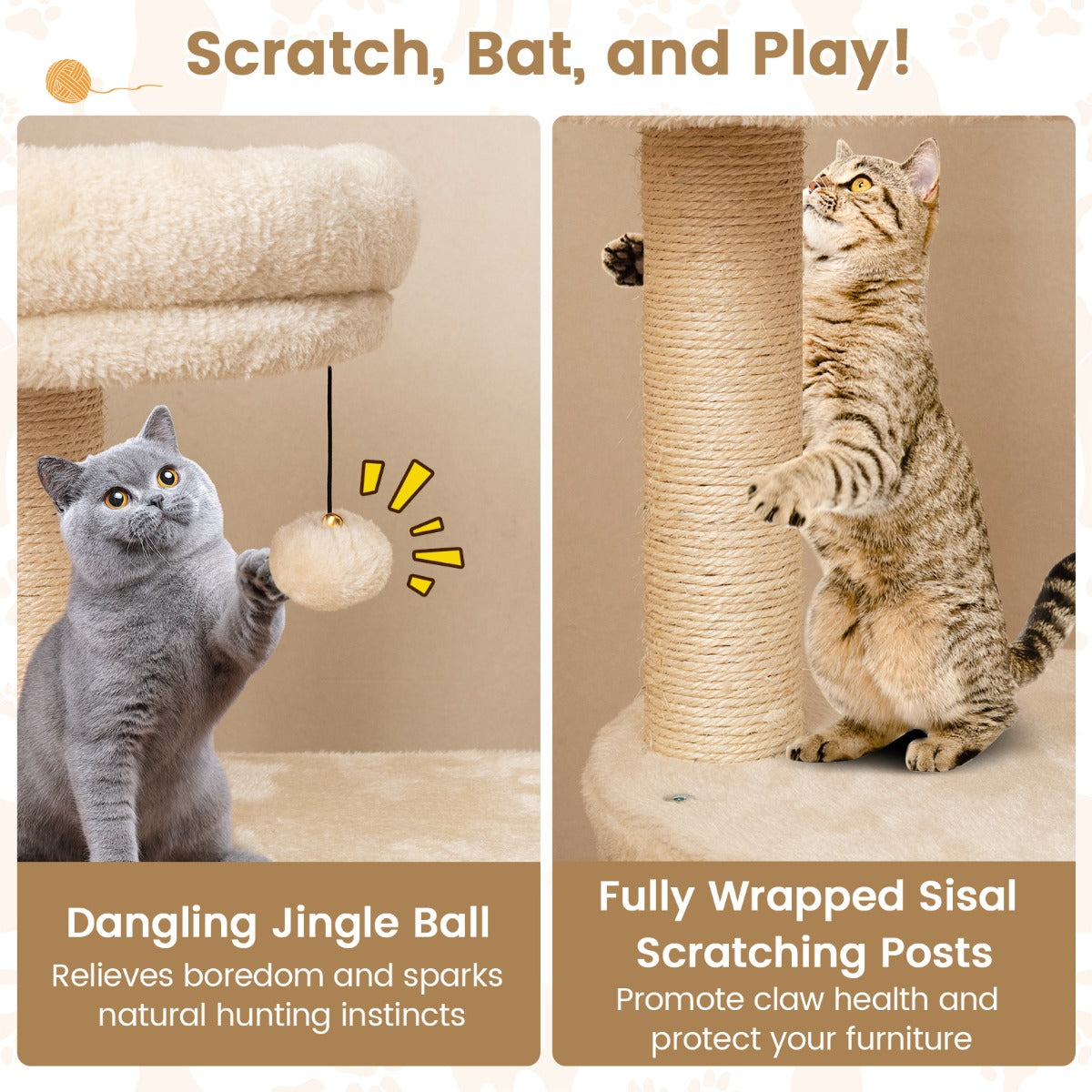 LIVSK Kattenboom met Meerdere Niveaus - Gevoerde Zitstok - Sisal Krabpalen - Speelse Pompon - Beige/Grijs