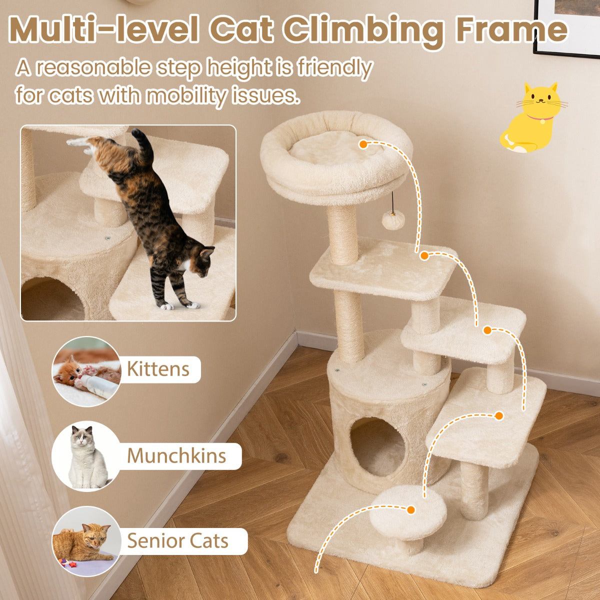 LIVSK Kattenboom met Meerdere Niveaus - Gevoerde Zitstok - Sisal Krabpalen - Speelse Pompon - Beige/Grijs