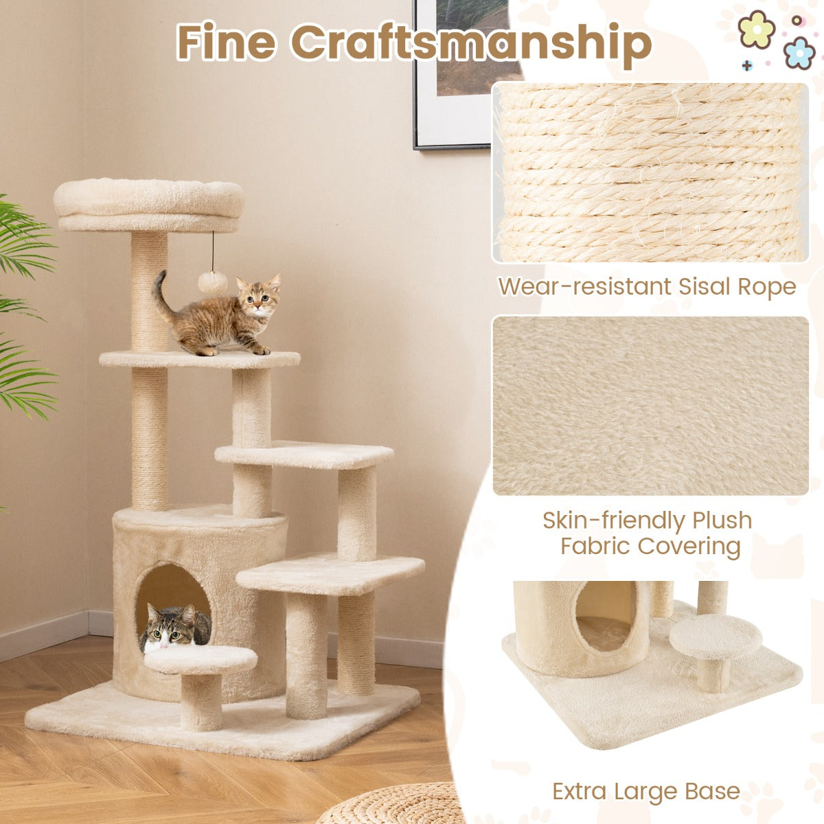 LIVSK Kattenboom met Meerdere Niveaus - Gevoerde Zitstok - Sisal Krabpalen - Speelse Pompon - Beige/Grijs