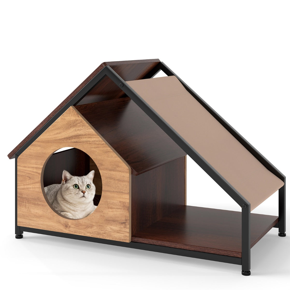 Livsk costway kattenboomhuis voor binnen kattenhuis met veranda kattenvilla in industriele stijl