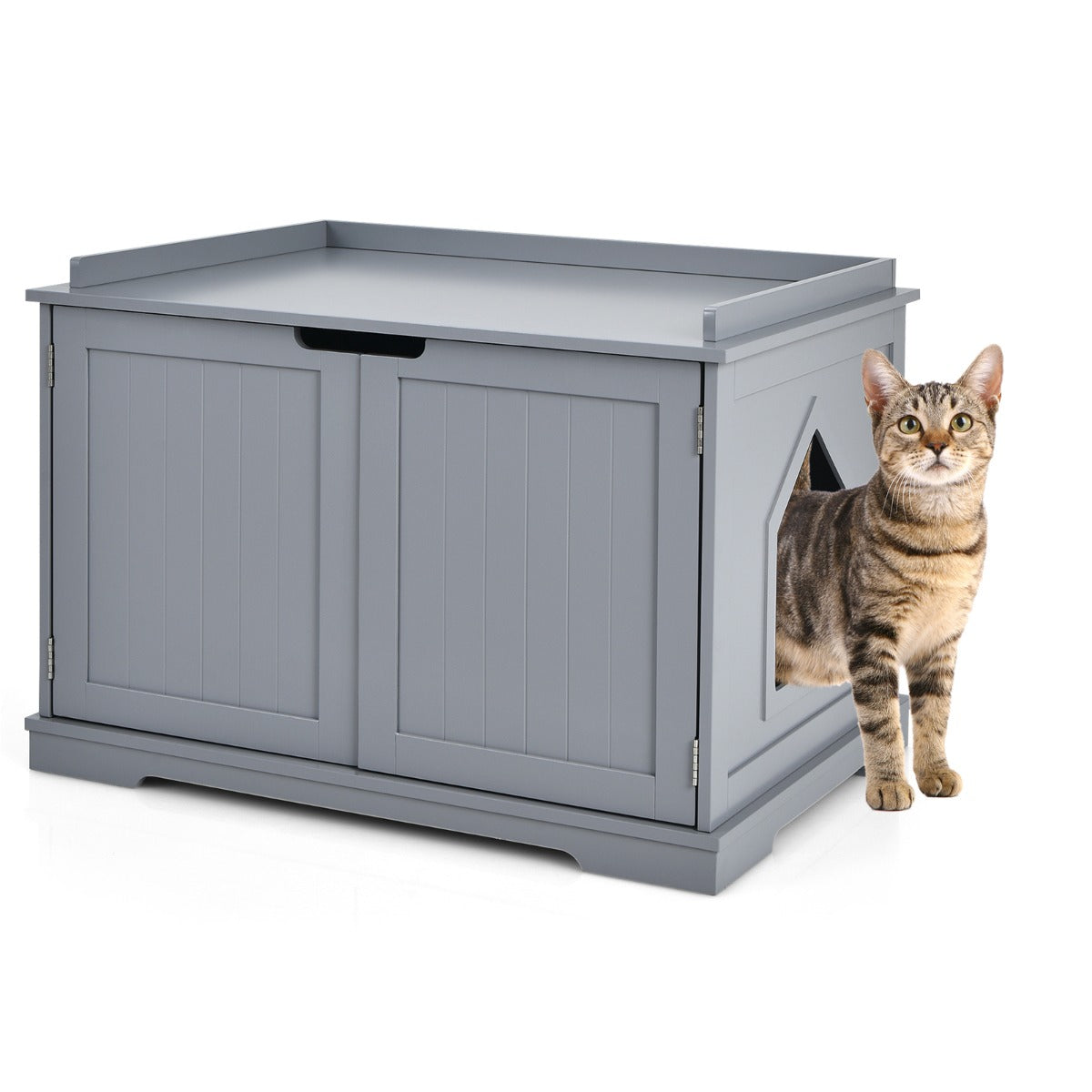 Livsk costway kattenhuis grote kattenbak binnen kattenhuis afgesloten katten wasruimte met kattenhol kattenkrat met stevige houten structuur grijs