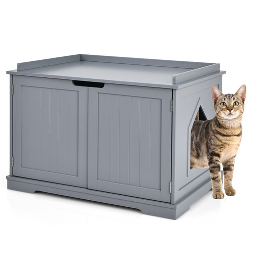 Livsk costway kattenhuis grote kattenbak binnen kattenhuis afgesloten katten wasruimte met kattenhol kattenkrat met stevige houten structuur grijs