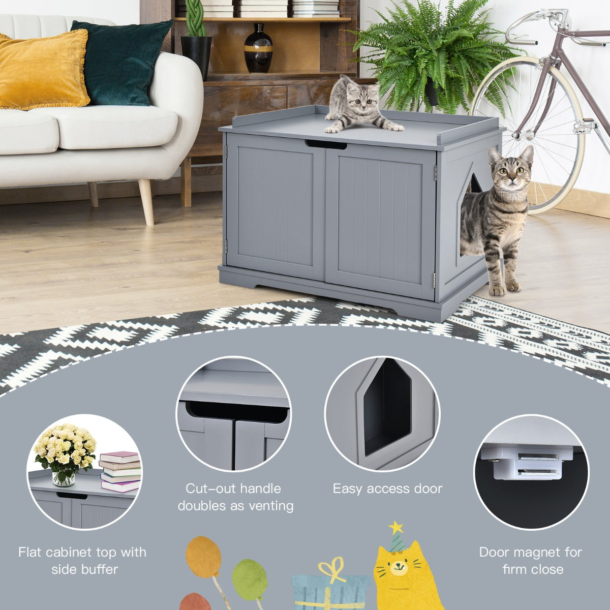 Livsk costway kattenhuis grote kattenbak binnen kattenhuis afgesloten katten wasruimte met kattenhol kattenkrat met stevige houten structuur grijs 5