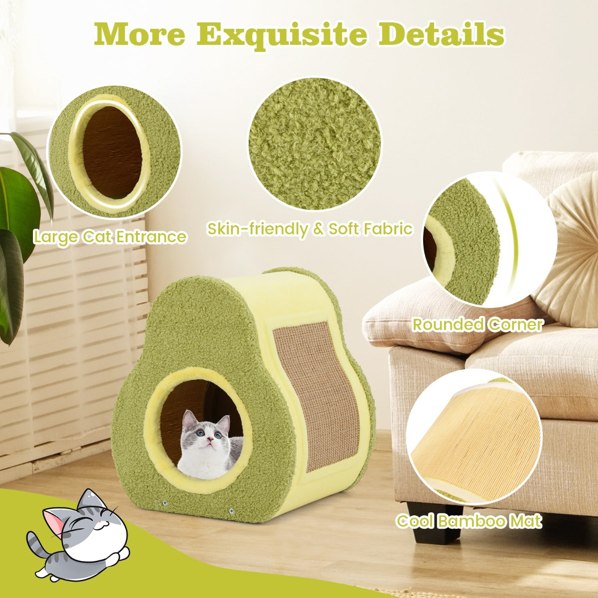 LIVSK Avocado-vormig Kattenhuis met Krabpaal - Duurzaam Jute - Eenvoudige Installatie - Compact - 35 x 33 x 40 cm - Veelkleurig