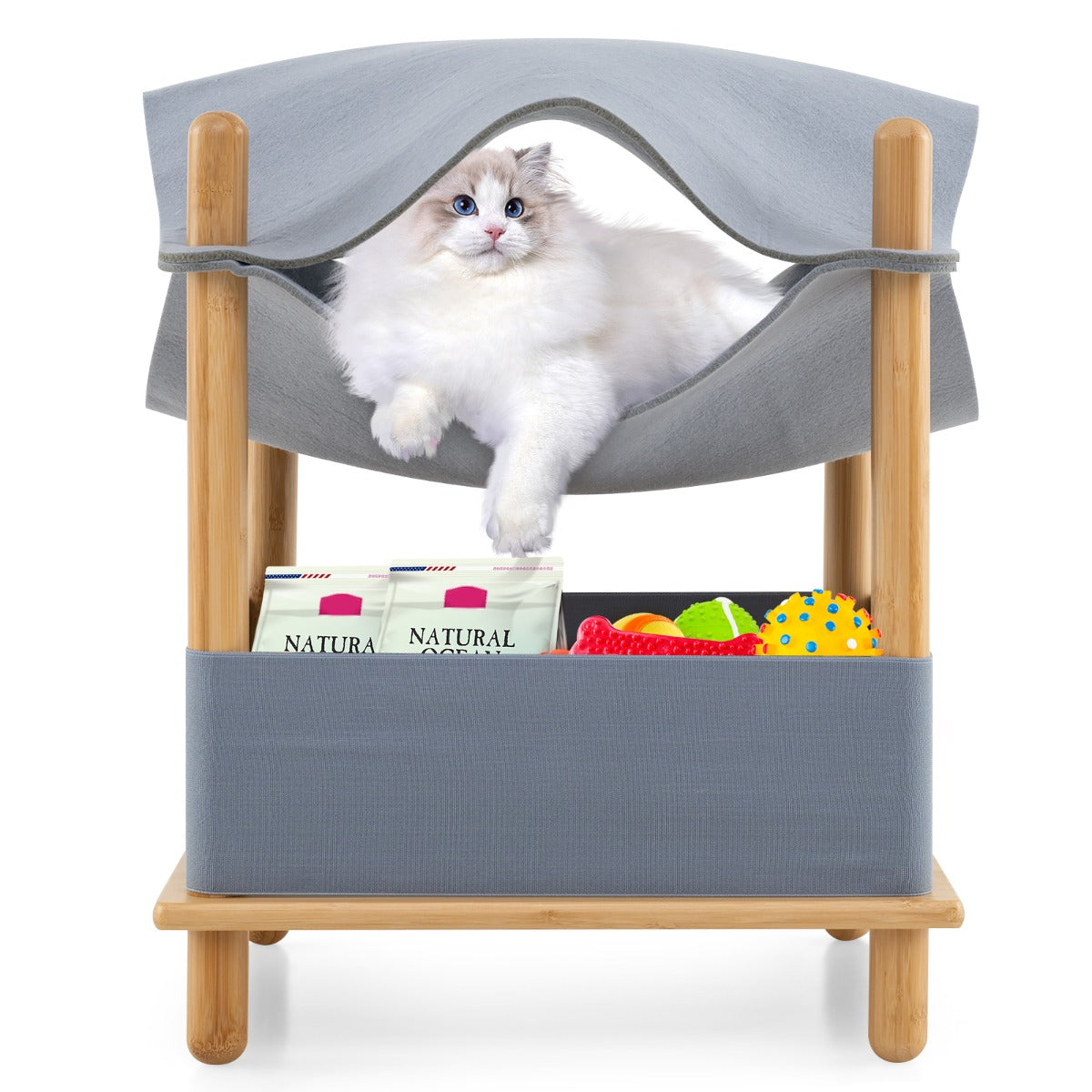 LIVSK Kattenhuis 2-Laags met Opbergruimte - Converteerbare Hangmat - Bamboeframe - Ademend Vilt - 40 x 40 x 53 cm - Naturel +