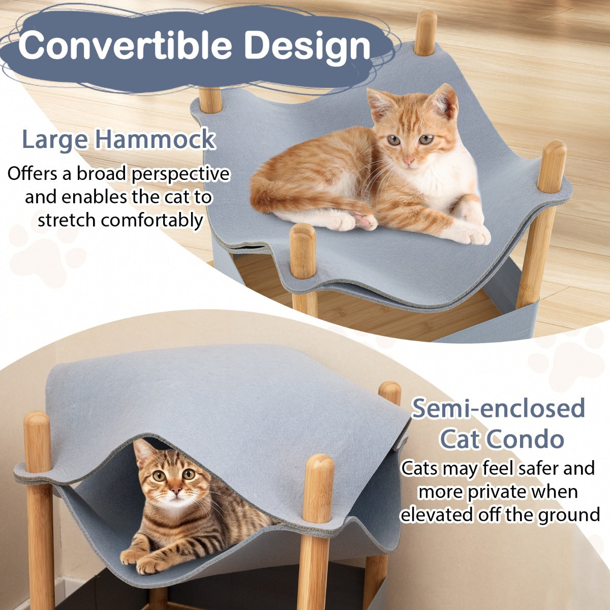 LIVSK Kattenhuis 2-Laags met Opbergruimte - Converteerbare Hangmat - Bamboeframe - Ademend Vilt - 40 x 40 x 53 cm - Naturel +