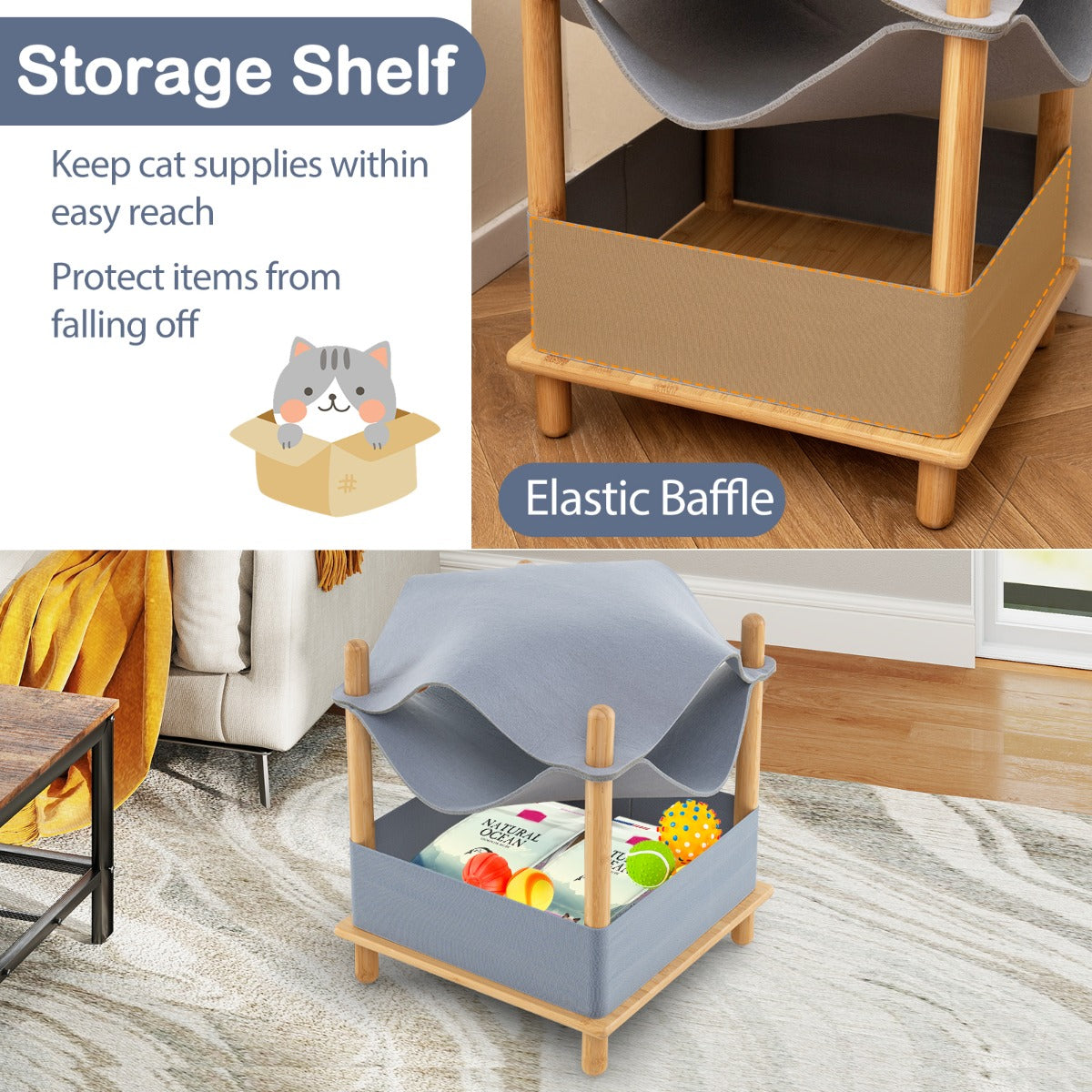 LIVSK Kattenhuis 2-Laags met Opbergruimte - Converteerbare Hangmat - Bamboeframe - Ademend Vilt - 40 x 40 x 53 cm - Naturel +