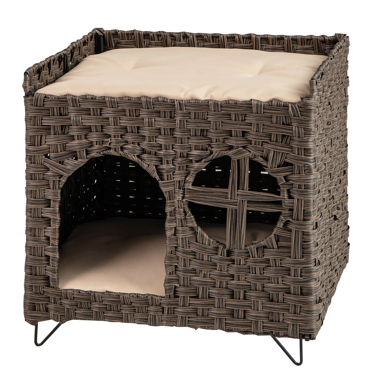 LIVSK Rieten Kattenhuis Opvouwbaar - 2 Verdiepingen met Wasbare Kussens - Luxe en Comfortabel - 50,5 x 45 x 50 cm - Bruin
