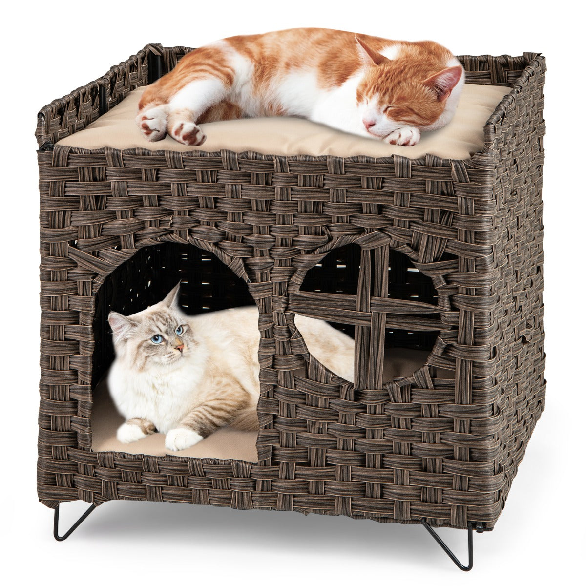 LIVSK Rieten Kattenhuis Opvouwbaar - 2 Verdiepingen met Wasbare Kussens - Luxe en Comfortabel - 50,5 x 45 x 50 cm - Bruin