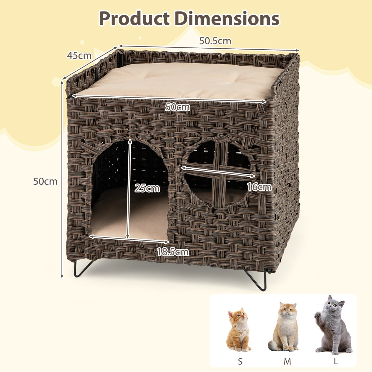 LIVSK Rieten Kattenhuis Opvouwbaar - 2 Verdiepingen met Wasbare Kussens - Luxe en Comfortabel - 50,5 x 45 x 50 cm - Bruin