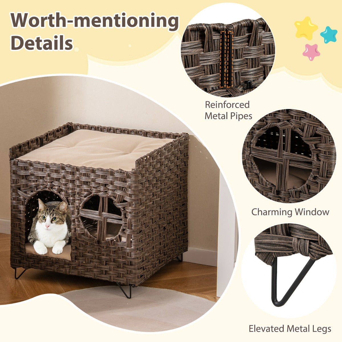 LIVSK Rieten Kattenhuis Opvouwbaar - 2 Verdiepingen met Wasbare Kussens - Luxe en Comfortabel - 50,5 x 45 x 50 cm - Bruin