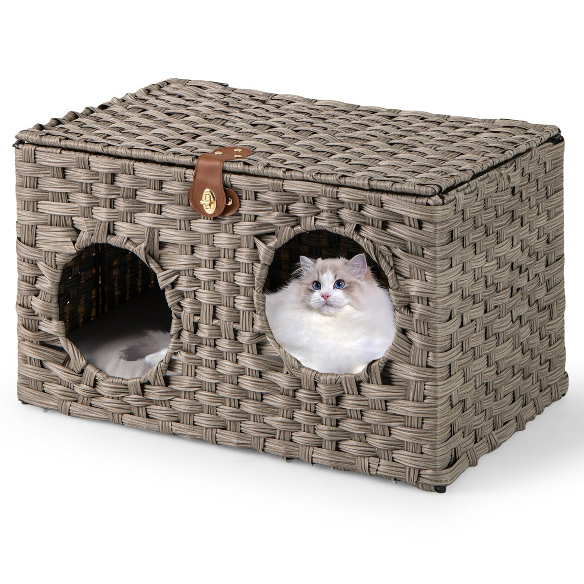 LIVSK Afsluitbaar Rieten Kattenhuis - Opvouwbaar - Afneembaar Kussen - Duurzaam PE-riet - 60 x 35 x 35 cm - Naturel