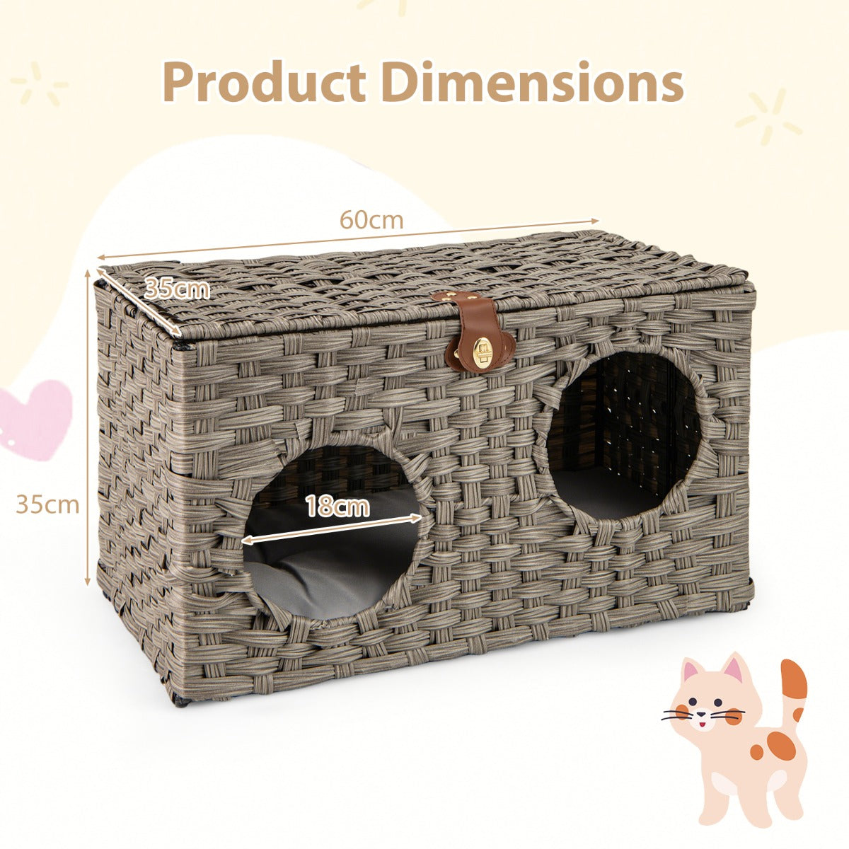 LIVSK Afsluitbaar Rieten Kattenhuis - Opvouwbaar - Afneembaar Kussen - Duurzaam PE-riet - 60 x 35 x 35 cm - Naturel