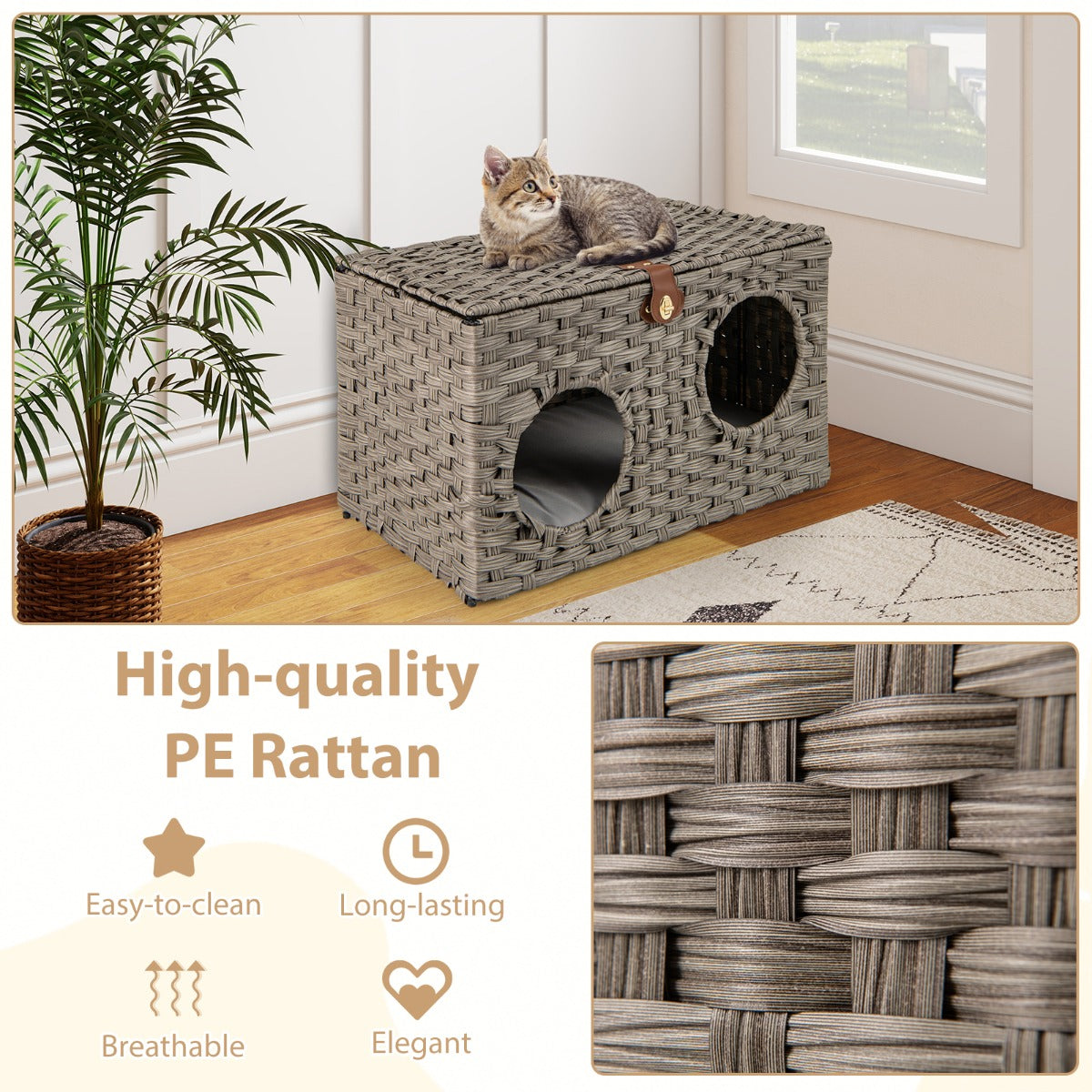 LIVSK Afsluitbaar Rieten Kattenhuis - Opvouwbaar - Afneembaar Kussen - Duurzaam PE-riet - 60 x 35 x 35 cm - Naturel