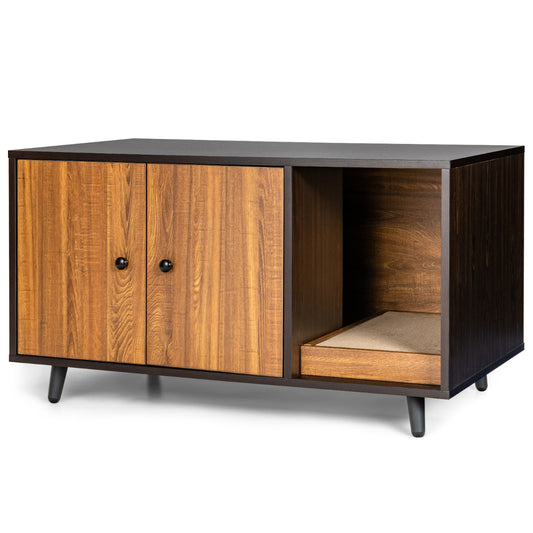 LIVSK 3-in-1 Kattenkast - Kattenhuis, Kattenbak en Salontafel - Met Krabmat en Magnetische Deuren - Stevige MDF en Metaal -