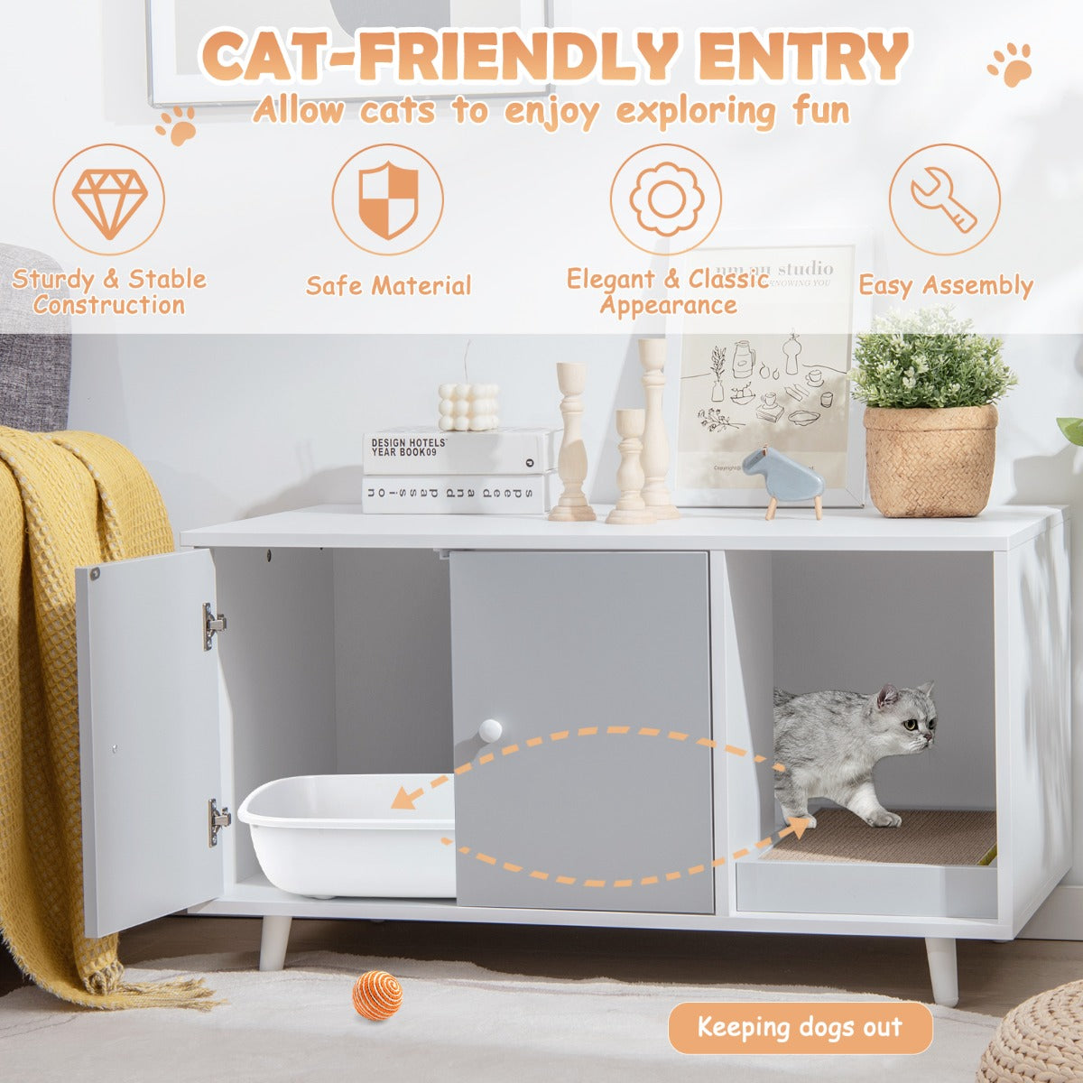 LIVSK 3-in-1 Kattenkast - Kattenhuis en Salontafel - Met Krabmat en Magnetische Deuren - Stevig MDF - 50 x 50 x 90 cm - Grijs