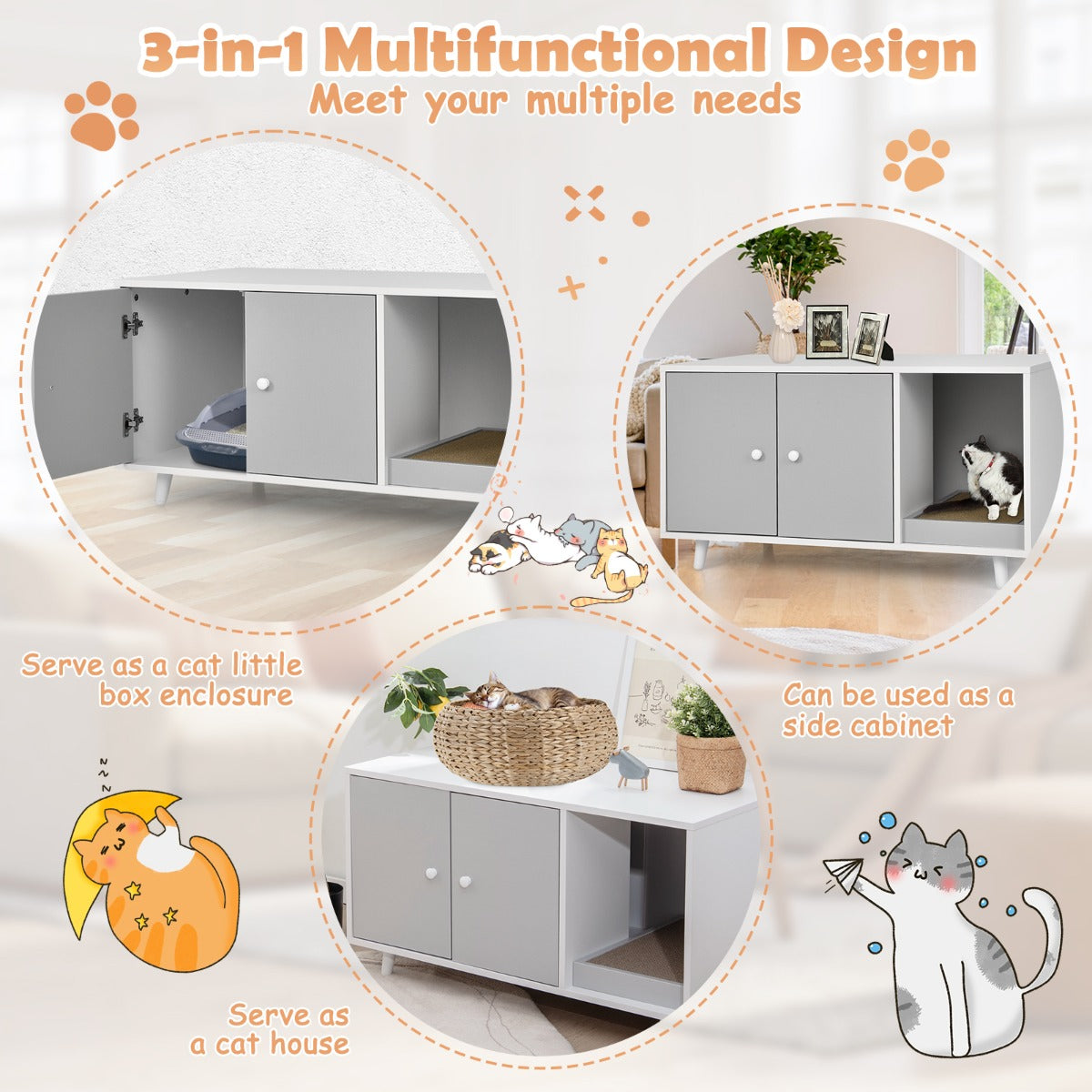 LIVSK 3-in-1 Kattenkast - Kattenhuis en Salontafel - Met Krabmat en Magnetische Deuren - Stevig MDF - 50 x 50 x 90 cm - Grijs