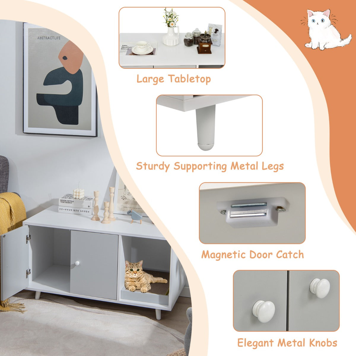 LIVSK 3-in-1 Kattenkast - Kattenhuis en Salontafel - Met Krabmat en Magnetische Deuren - Stevig MDF - 50 x 50 x 90 cm - Grijs