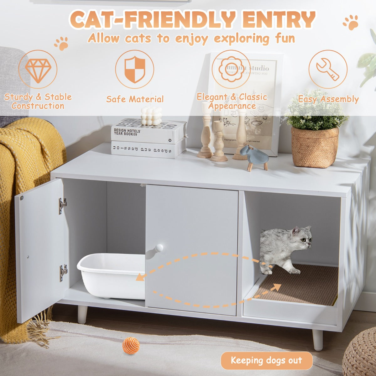 LIVSK 3-in-1 Kattenkast - Multifunctioneel als Kattenhuis, Kattenbak en Salontafel - Magnetische Deuren - Wit