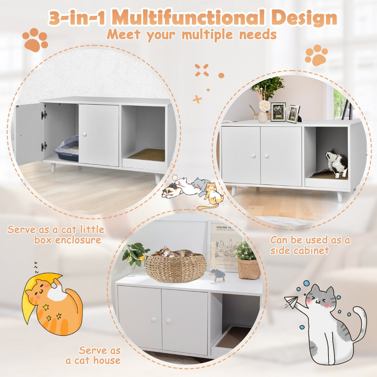 LIVSK 3-in-1 Kattenkast - Multifunctioneel als Kattenhuis, Kattenbak en Salontafel - Magnetische Deuren - Wit