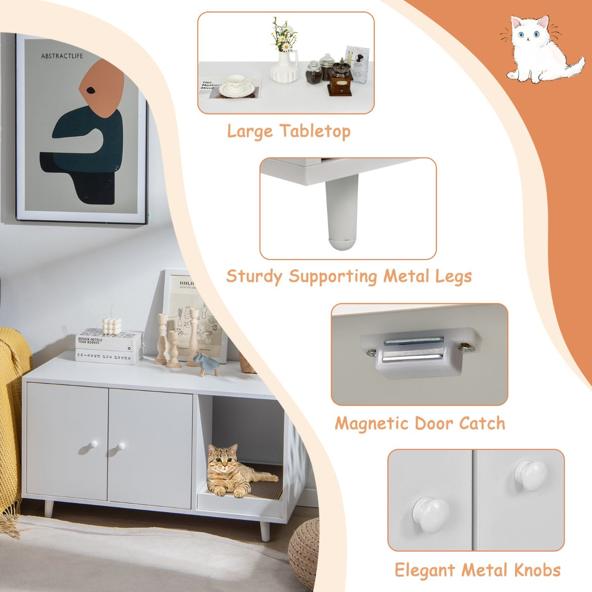 LIVSK 3-in-1 Kattenkast - Multifunctioneel als Kattenhuis, Kattenbak en Salontafel - Magnetische Deuren - Wit