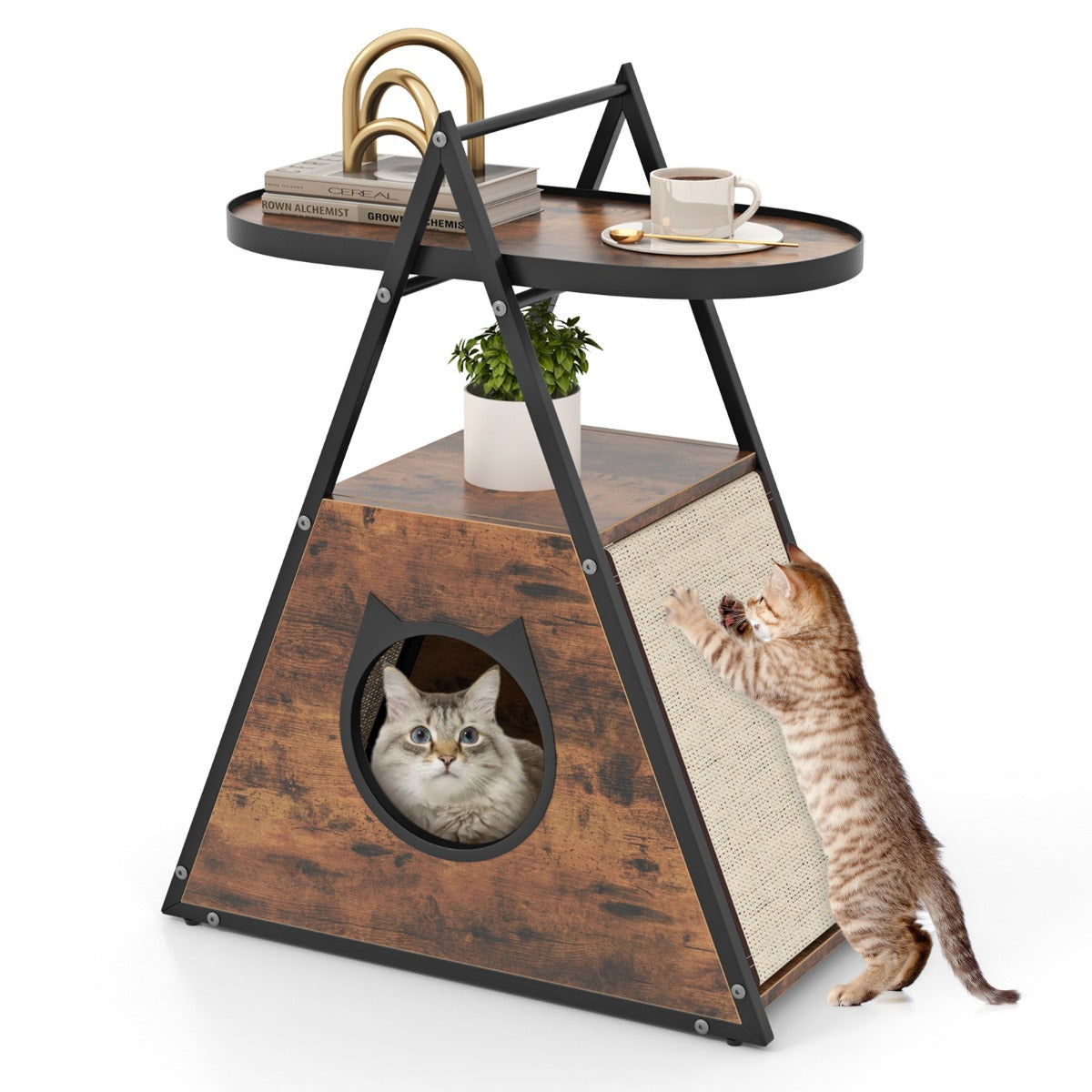 LIVSK Kattenkast en Bijzettafel - 2-in-1 Meubel met Opbergruimte - Krasbestendig - Eenvoudige Montage - 60 x 33 x 76 cm - Bruin +