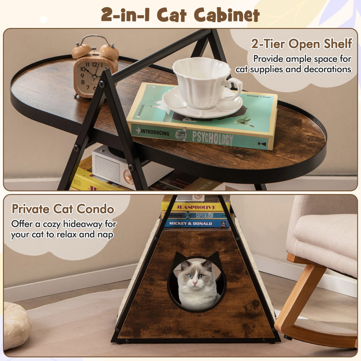 LIVSK Kattenkast en Bijzettafel - 2-in-1 Meubel met Opbergruimte - Krasbestendig - Eenvoudige Montage - 60 x 33 x 76 cm - Bruin +