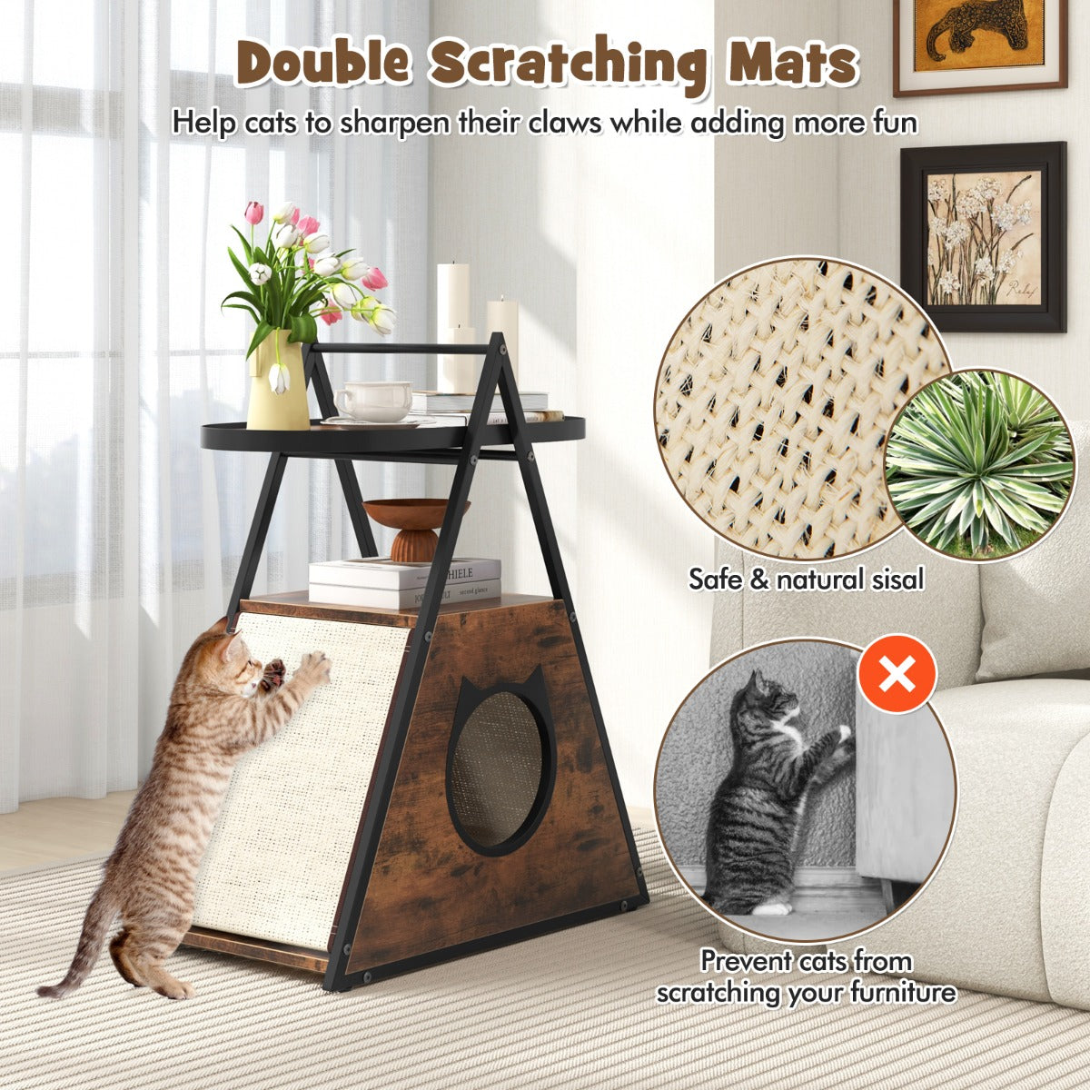 LIVSK Kattenkast en Bijzettafel - 2-in-1 Meubel met Opbergruimte - Krasbestendig - Eenvoudige Montage - 60 x 33 x 76 cm - Bruin +
