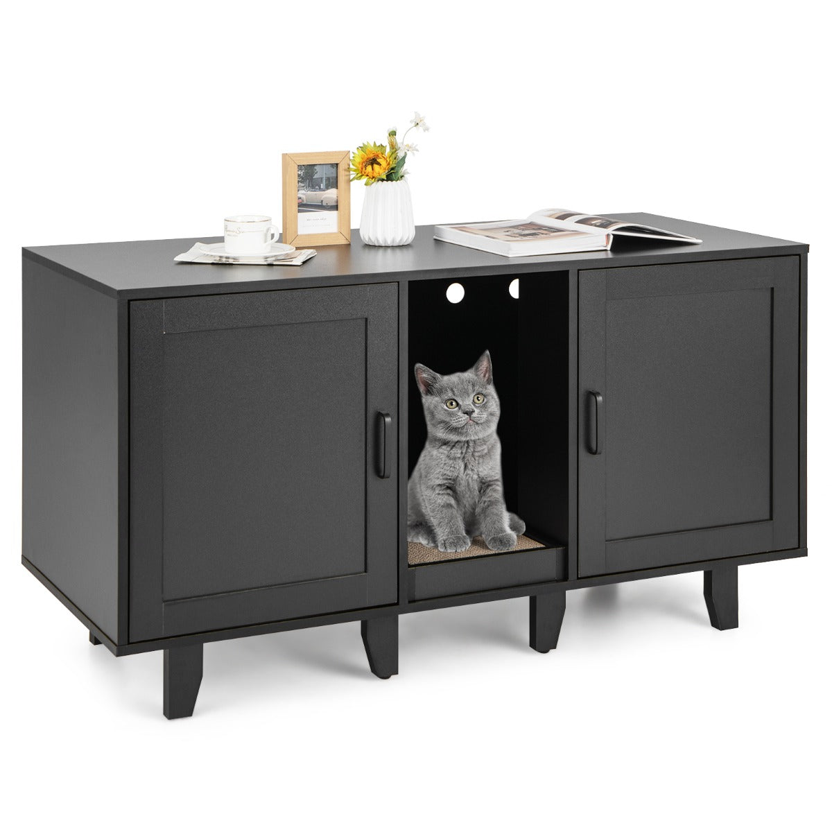 Livsk costway kattenkast kattenhuis met 2 deuren multifunctioneel kattenmeubilair voor de woonkamer