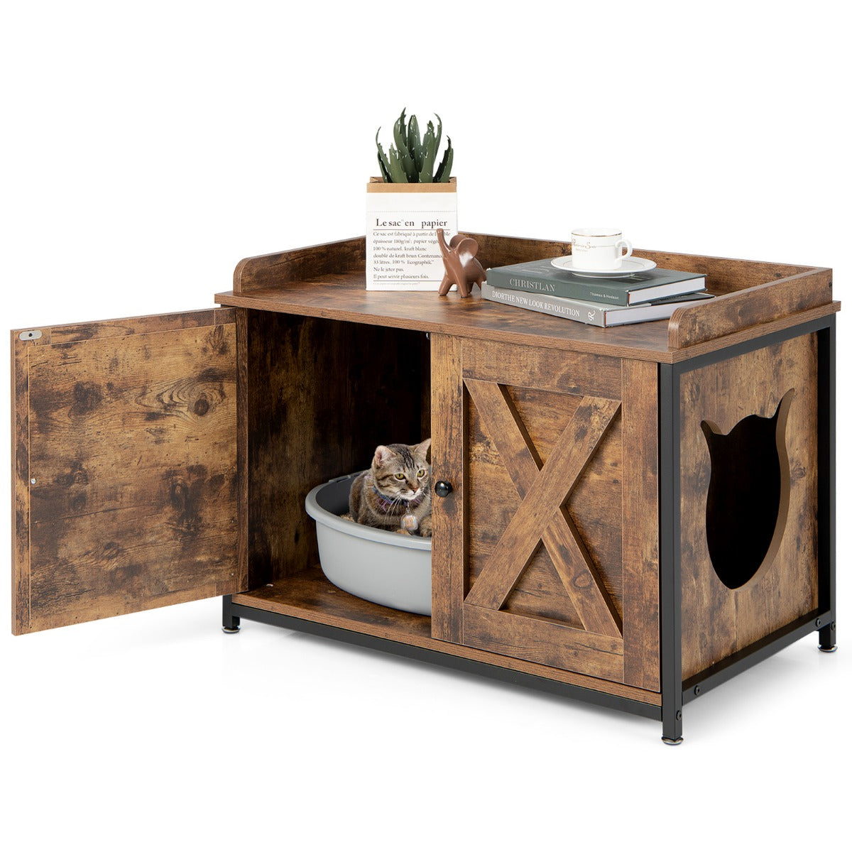 LIVSK Kattenmeubelkast - Multifunctioneel Design - Robuust Stalen Frame - Privacy voor je Kat - 80 x 50 x 58 cm - Bruin