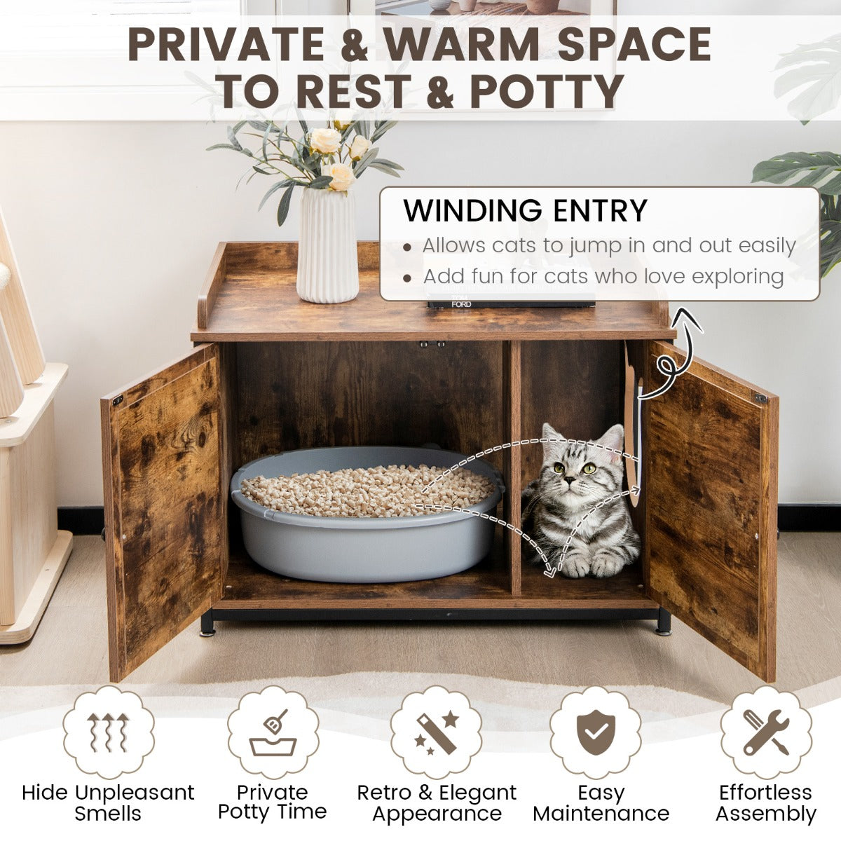 LIVSK Kattenmeubelkast - Multifunctioneel Design - Robuust Stalen Frame - Privacy voor je Kat - 80 x 50 x 58 cm - Bruin
