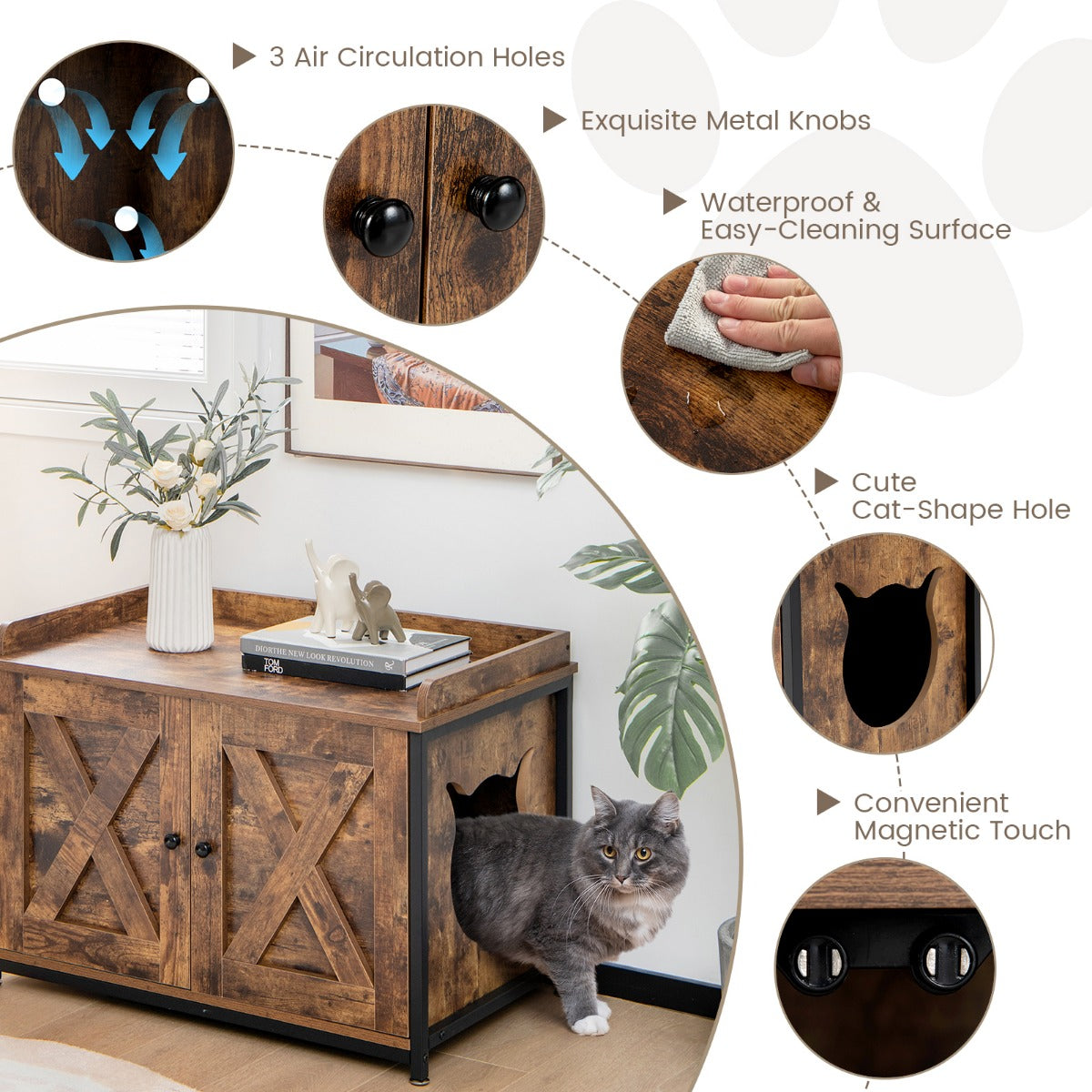 LIVSK Kattenmeubelkast - Multifunctioneel Design - Robuust Stalen Frame - Privacy voor je Kat - 80 x 50 x 58 cm - Bruin