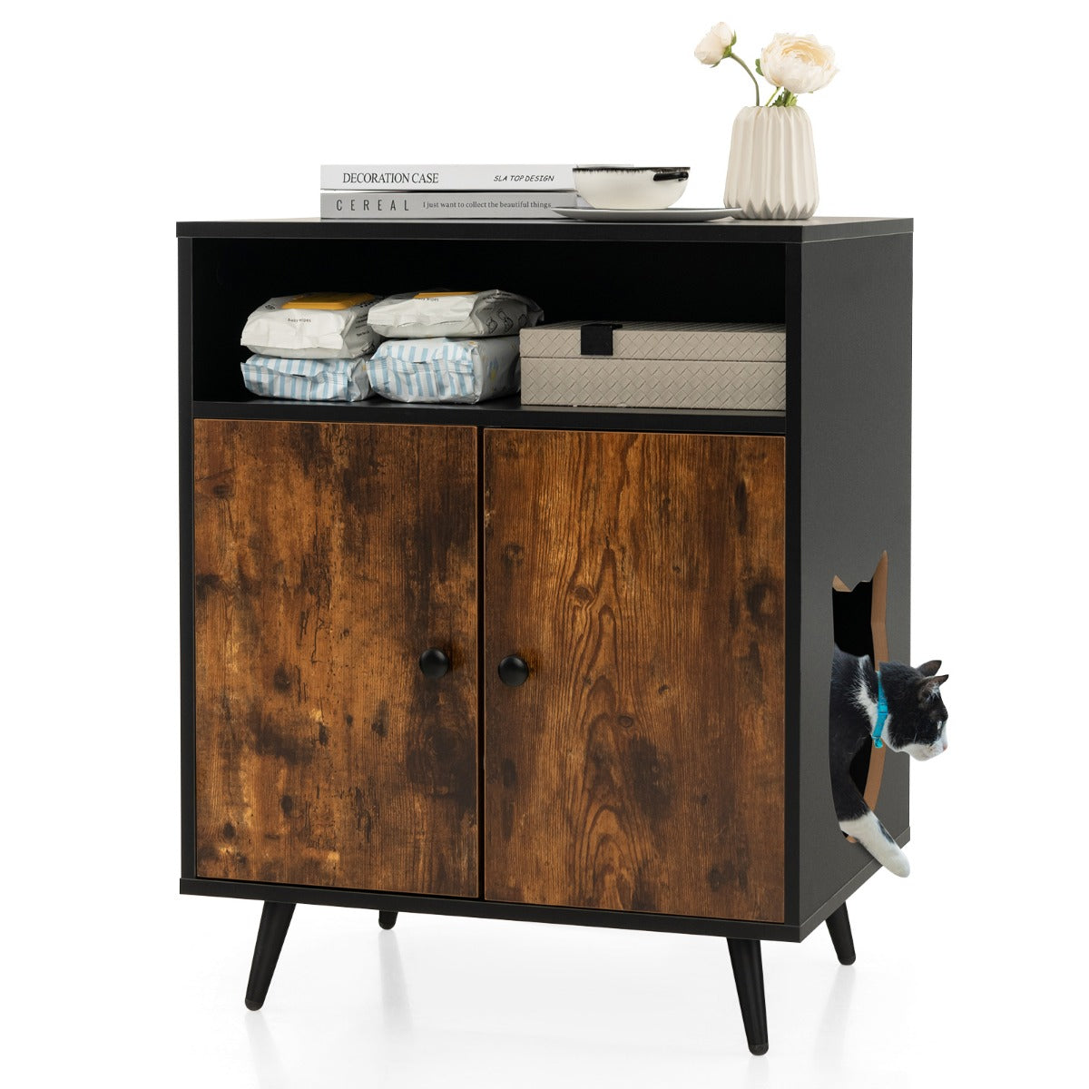LIVSK Verborgen Kattenbakmeubel - Dubbele Deuren voor Privacy - Opbergruimte en Stijlvol Design - 60 x 45 x 75 cm - Zwart + Bruin